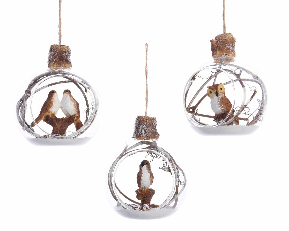 Bola de vidrio con pájaro de poliéster interior- ramas diámetro 9cm Natural