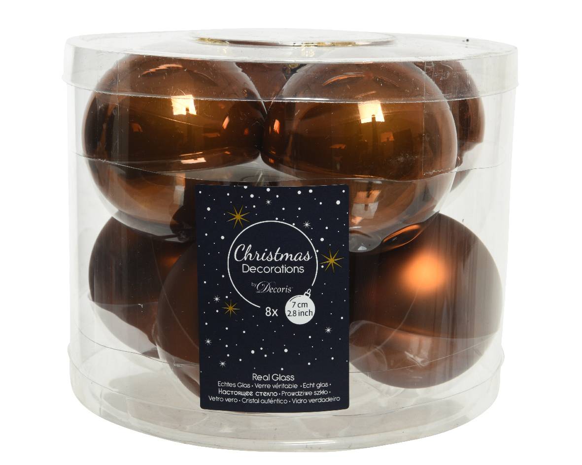 Decoris - Paquete de 8 Bolas de Navidad de vidrio esmalte/mate Canela Ø.7 cm