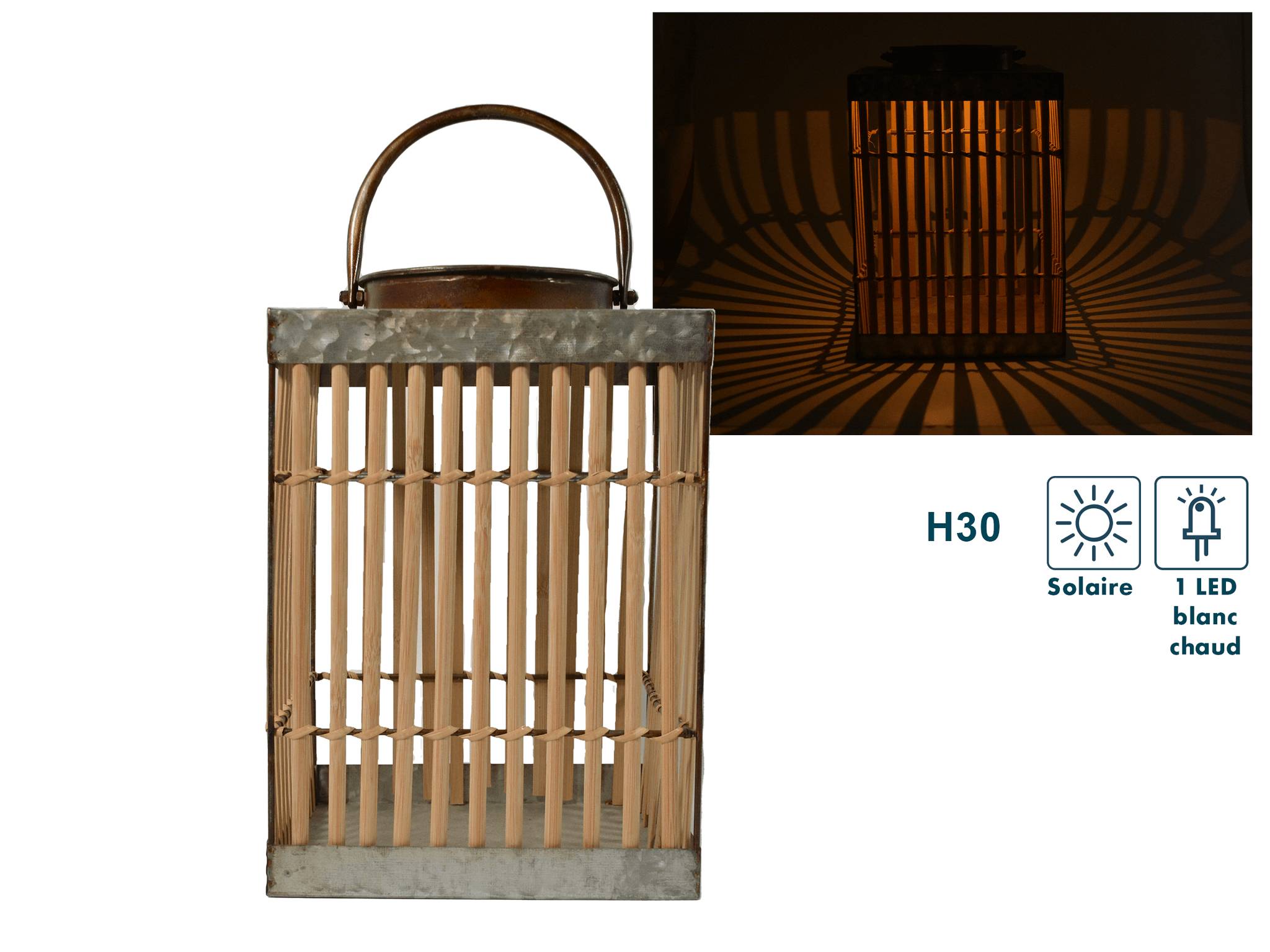 Lanterne solaire Bambou Carré - L.21 x l.21 x H.30 cm - Image 2