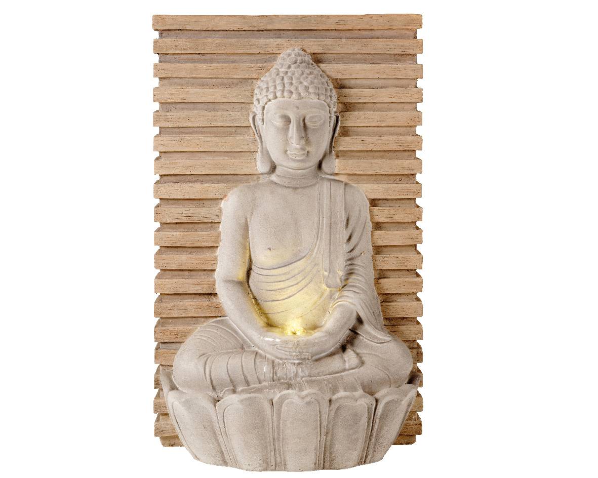 Luminéo - Fuente zen Buda H.72,5 cm - 4L Gris claro/Madera ceniza