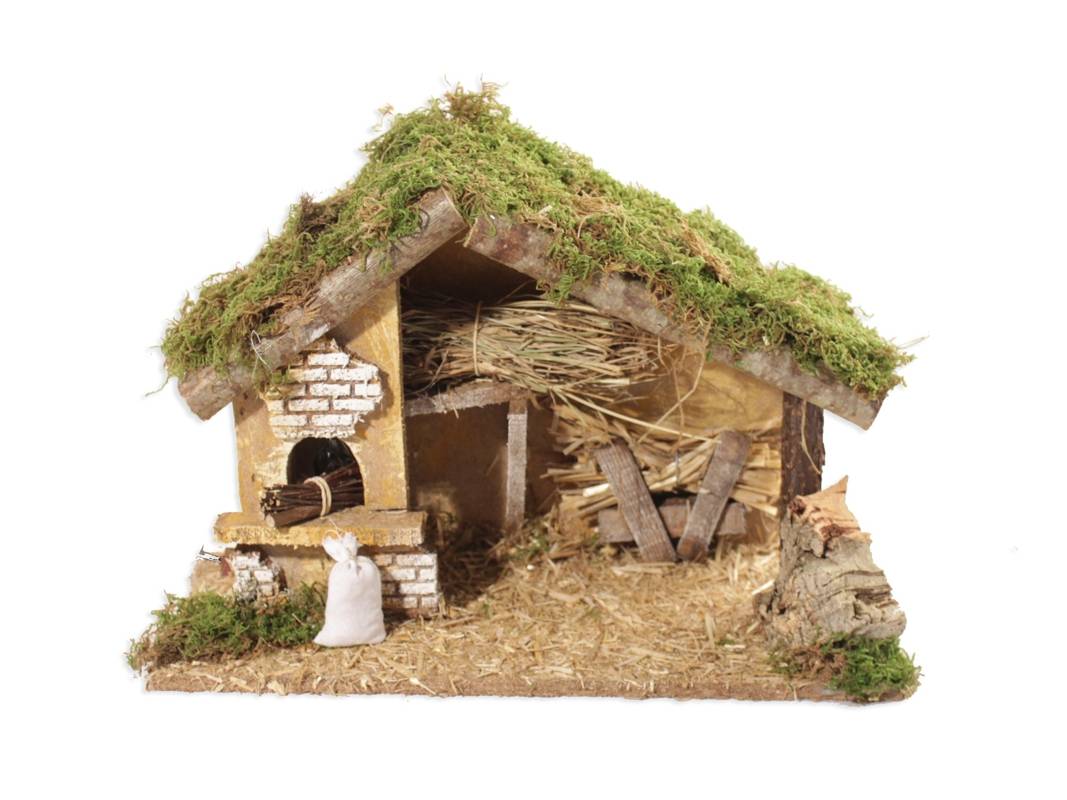Crèche vide en bois et liège avec grange et four 220V.