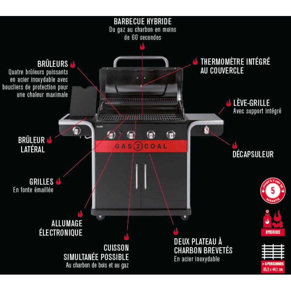 Char-broil - Barbacoa Híbrida 4 Quemadores Acero Inoxidable Negro 154,9 cm - CHAR-BROIL - Imagen 11