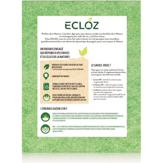 Ecloz - Engrais gazon 2 en 1 qui limite apparition mousse Ecloz 100 m² - Imagen 3