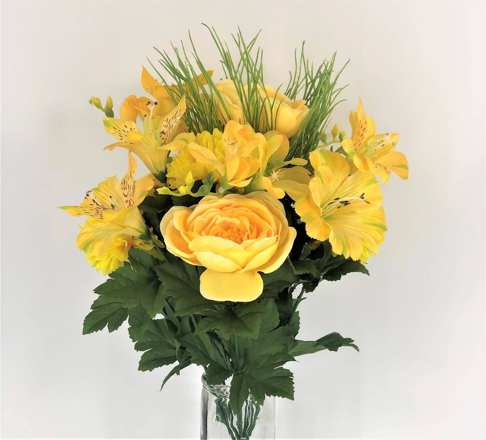 Bouquet camélias alstromérias jaune artificiel 42 cm