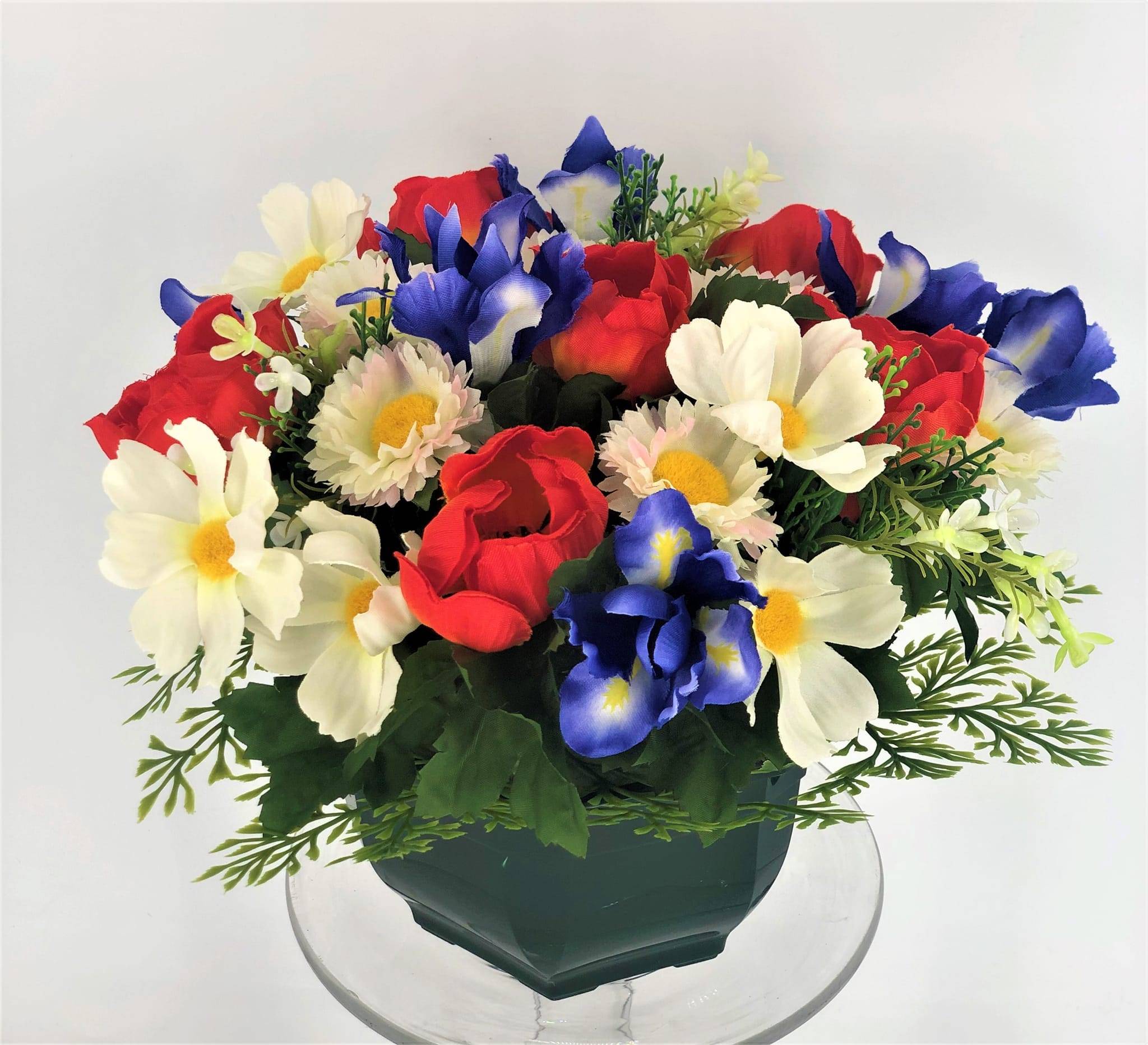Coupe coquelicots marguerites iris artificiels 19 cm