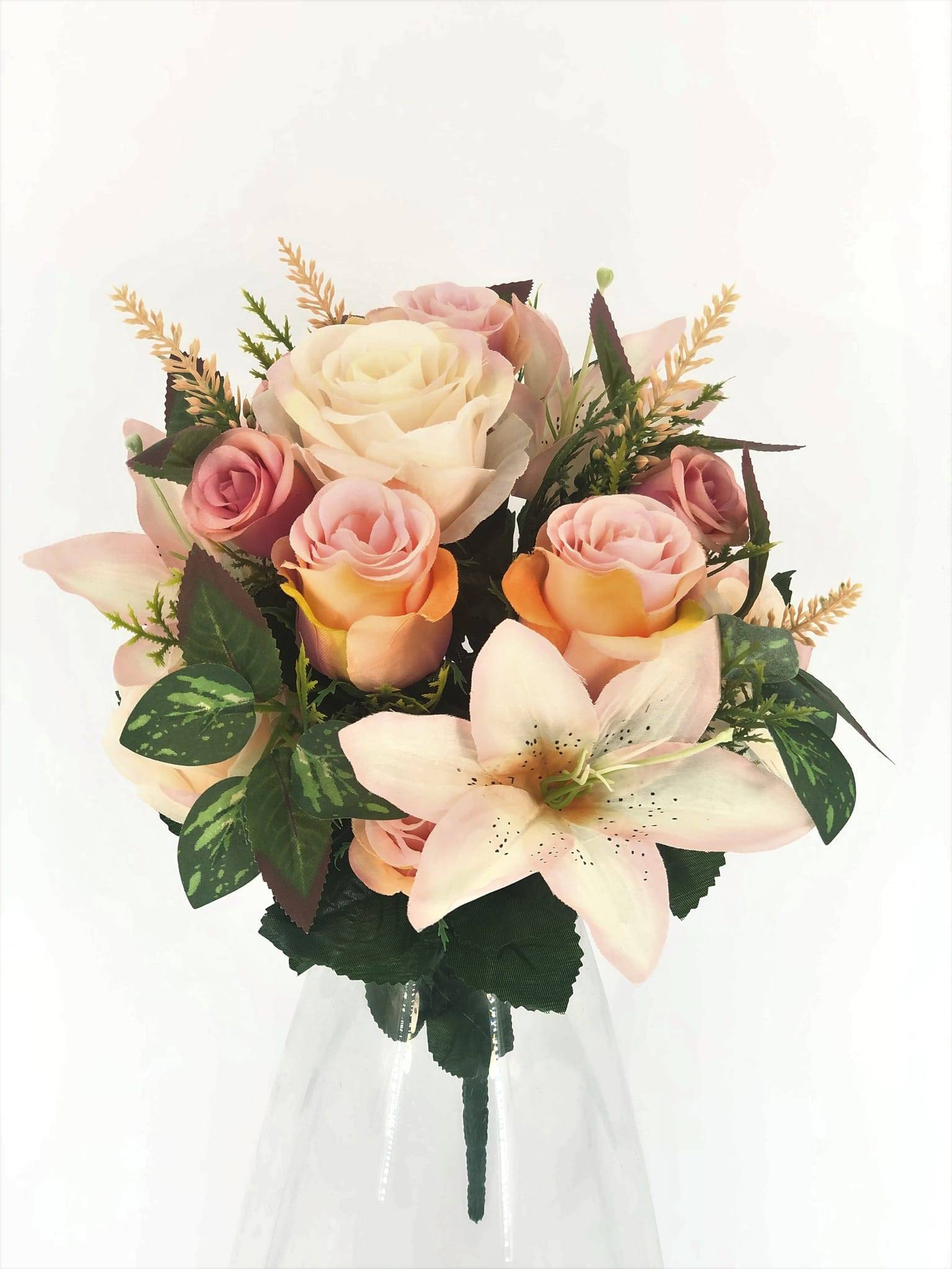 Bouquet roses et lys tiger saumon artificiel 41 cm