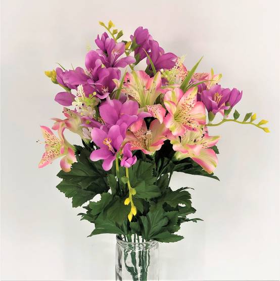 Bouquet alstromérias et freesias fuchsia crème artificiel 47 cm
