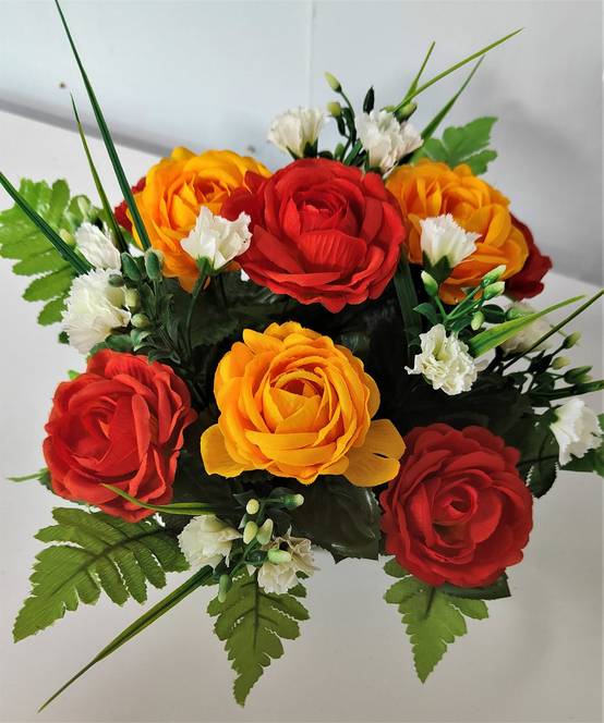 Pot roses jaune orange mini œillets blanc artificiel 28 cm