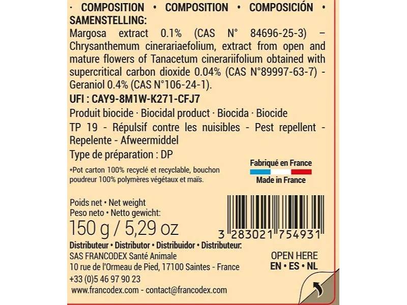 Poudre Antiparasitaire Répulsive Chien & Chat 150g – FRANCODEX - Imagen 2