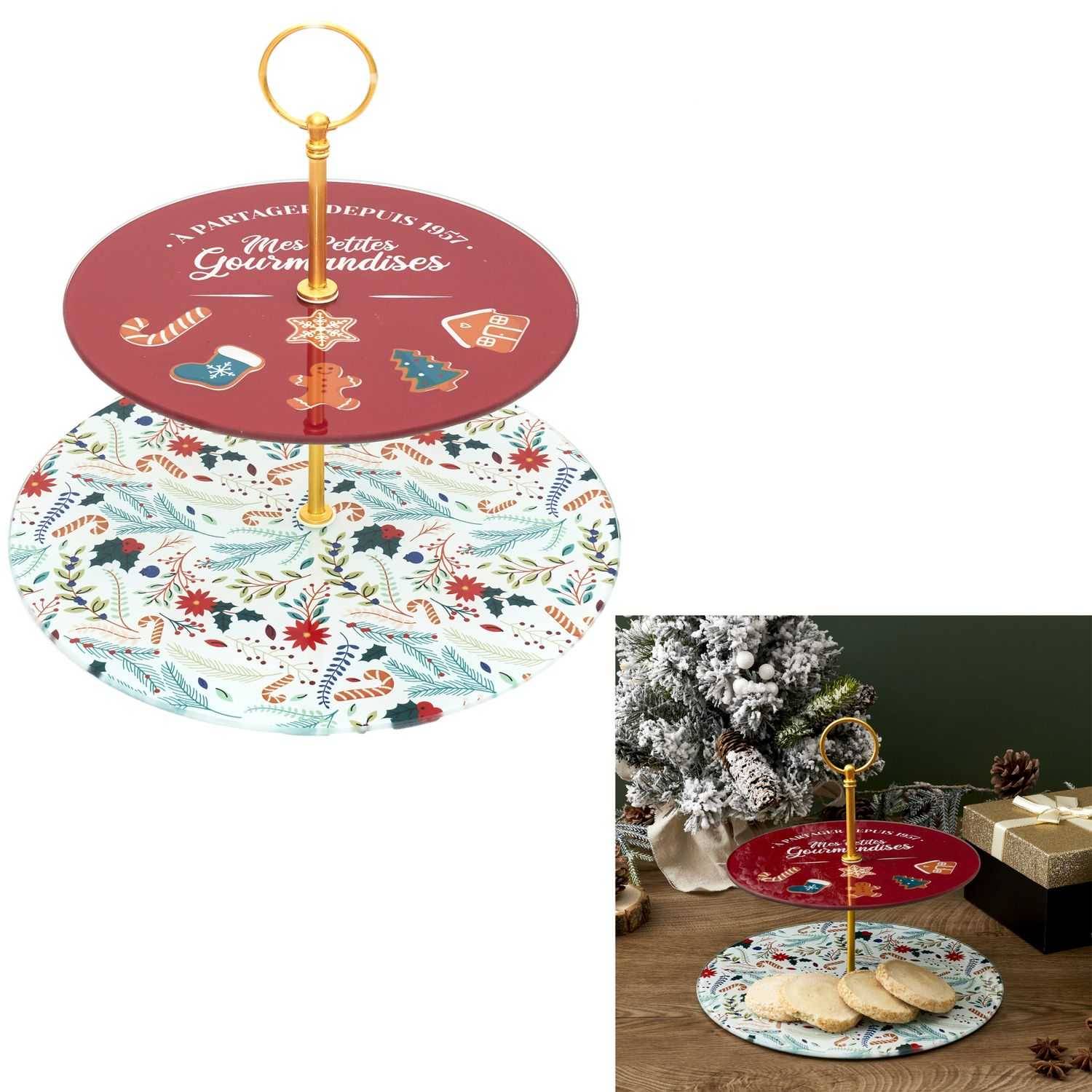 Paris Prix - Bandeja Doble Navidad Vidrio Metal Rojo Ø 25 cm - PARIS PRIX