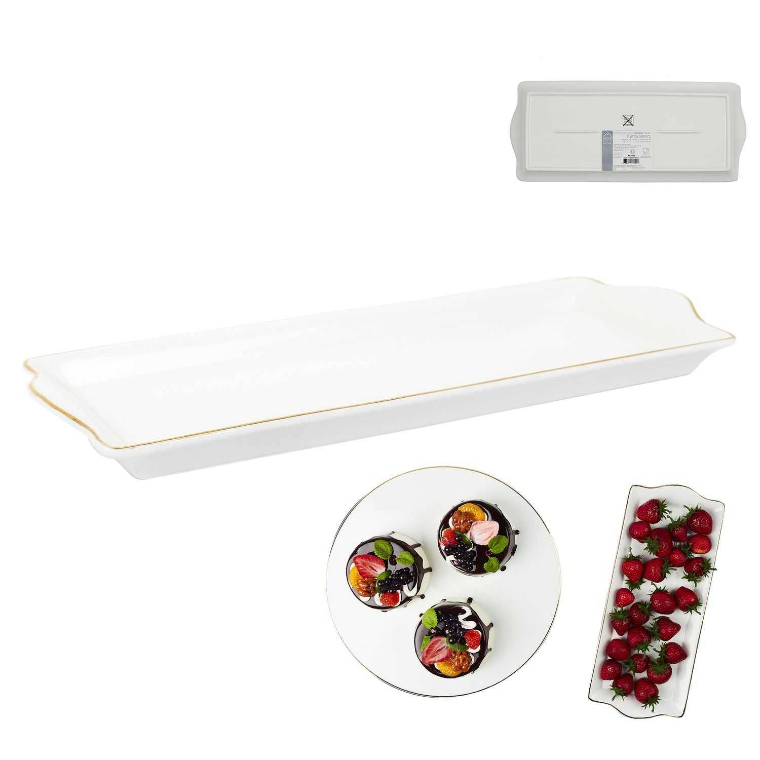 Plat de Service Porcelaine Blanc Doré H 2,50 cm L 34,70 cm P 14,60 cm - THE HOME DECO FACTORY - Imagen 1