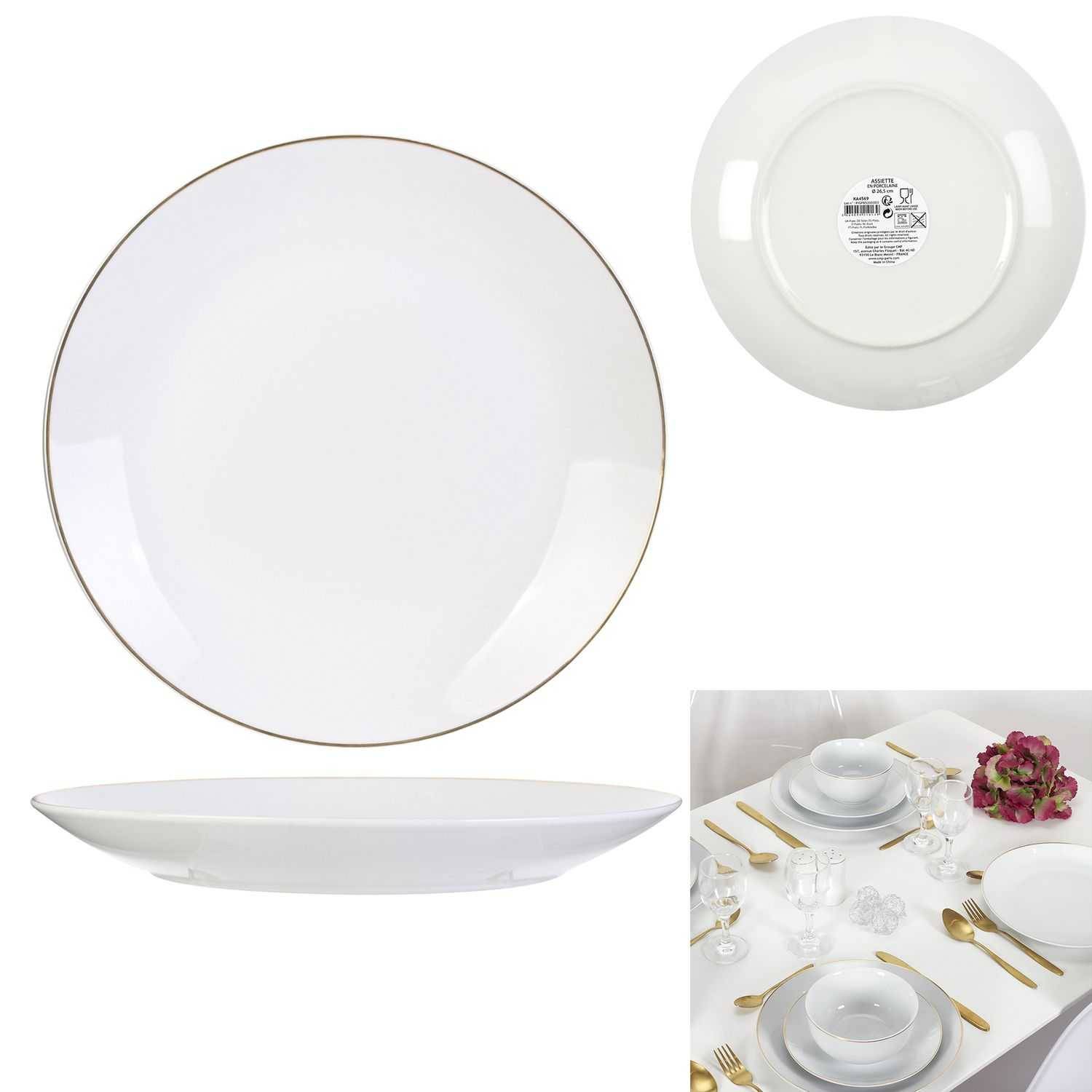 Assiette Plate Porcelaine Blanc Doré Ø 26,5 cm H 3 cm - VERSAILLES