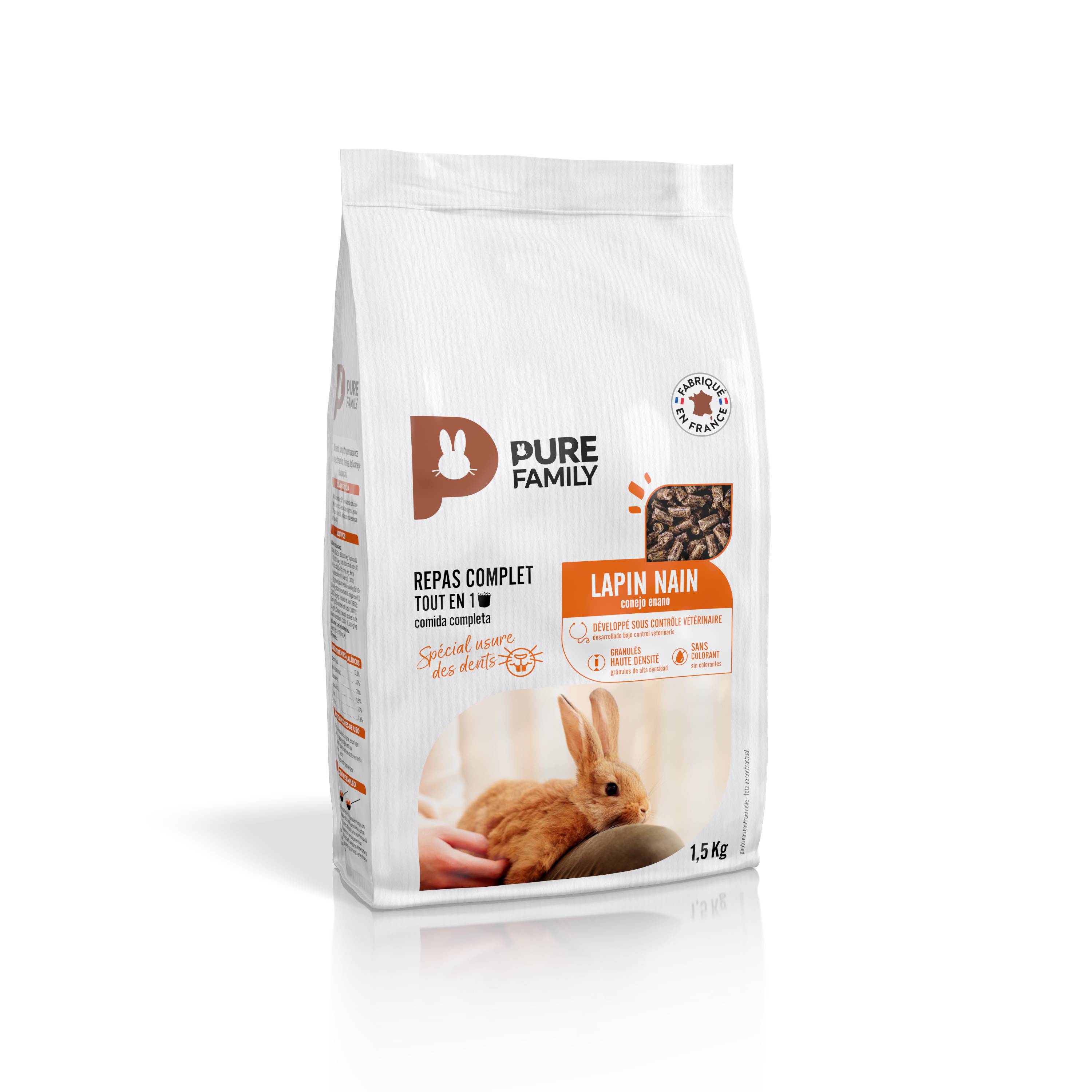 Pure Family - Aliment Complet Granulés Haute Densité Lapin Nain Usure Des Dents 1,5 Kg - PURE FAMILY