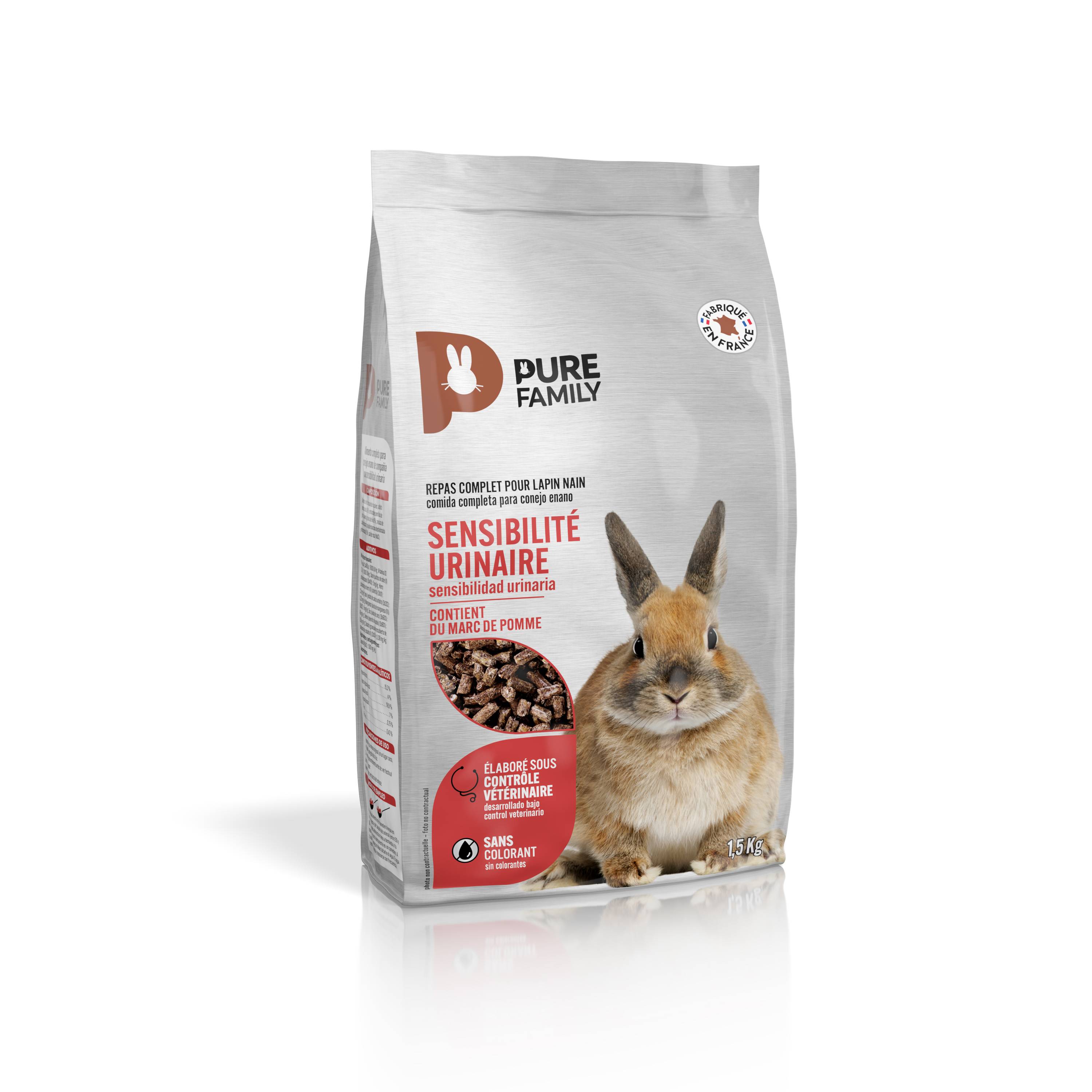 Pure Family - Aliment Complet Lapin Nain Sensibilité Urinaire 1,5 Kg – PURE FAMILY - Imagen 1