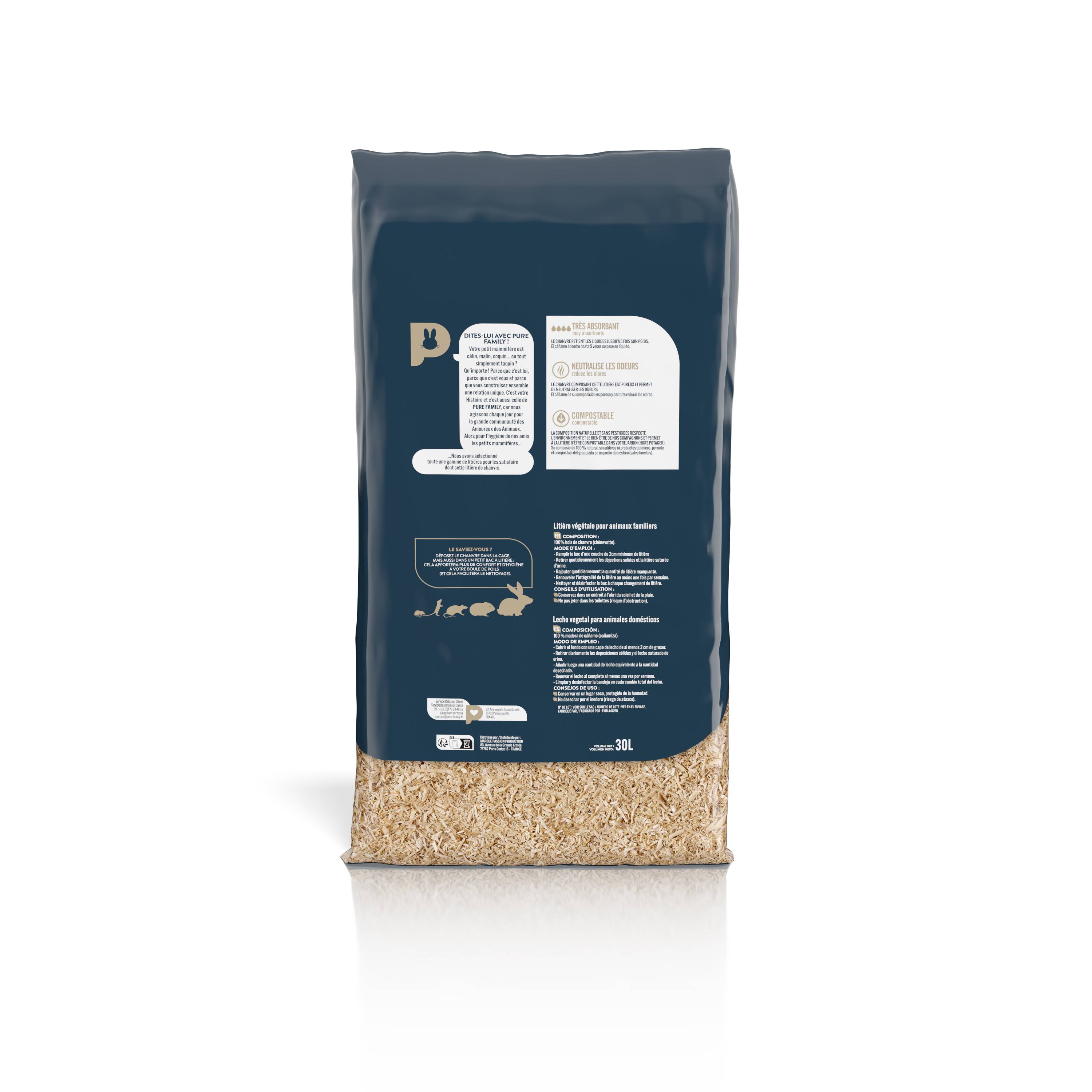 Pure Family - Litière pour rongeurs au chanvre 100% naturel 30 L - Pure Family - Imagen 3