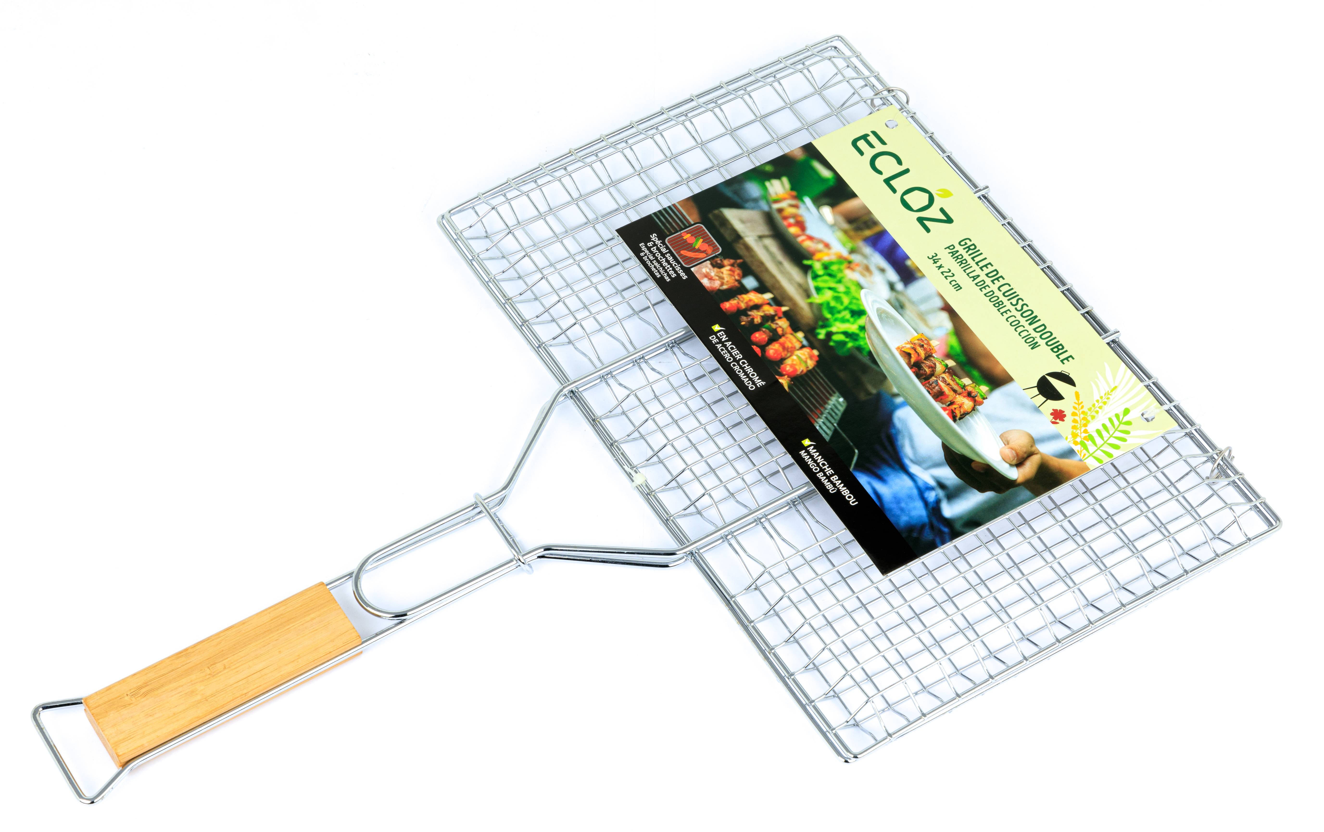 Ecloz - Grille hambugers  à saucisses, brochettes 34x22 cm manche bambou