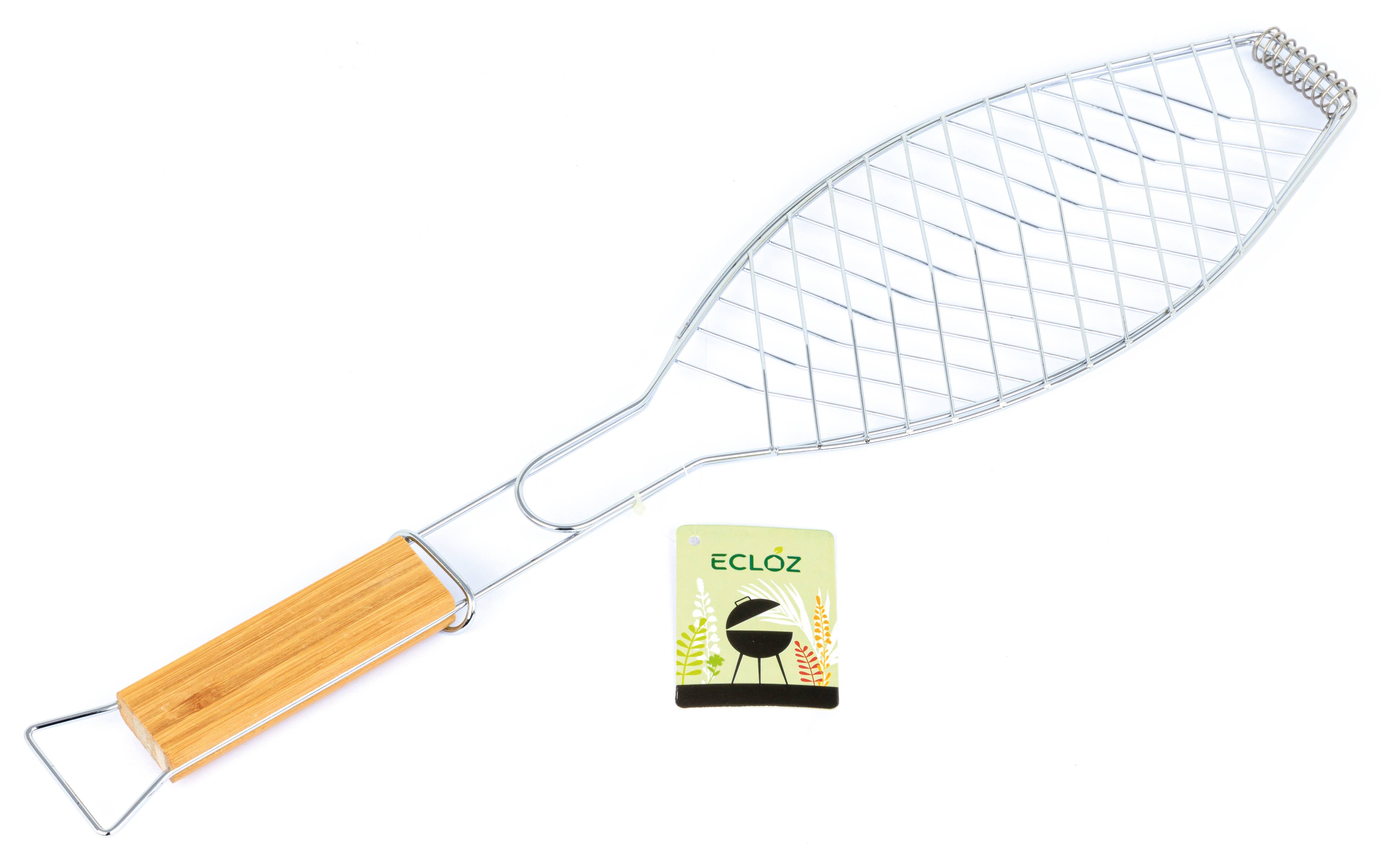 Ecloz - Grille à poisson double 13 x 30cm acier chromé manche bambou