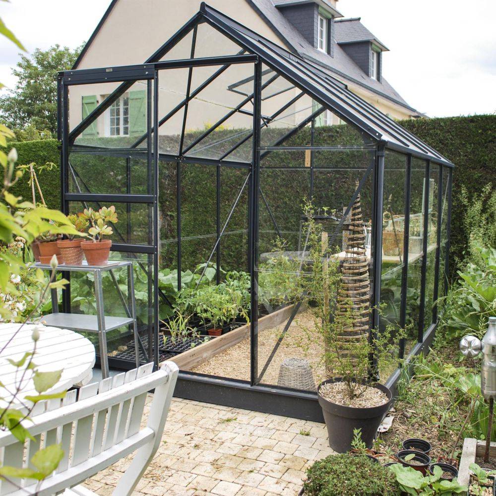 LAMS - Serre de jardin verre trempé aluminium anthracite 4,9 m² Allium avec embase - Lams - Image 2