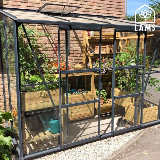 LAMS - Serre de jardin adossée verre trempé aluminium anthracite 3,3 m² Melissa avec embase - Lams - Image 2