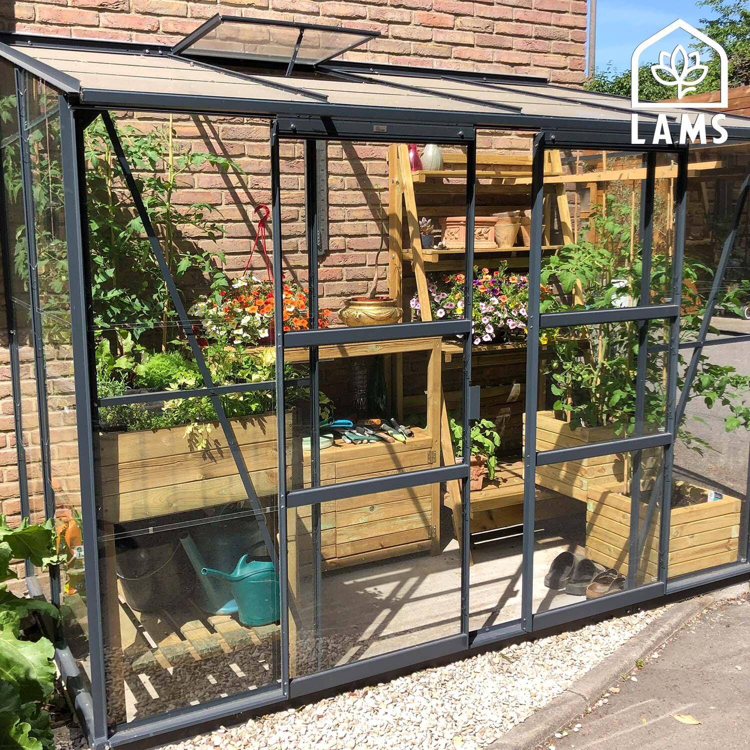 LAMS - Serre de jardin adossée verre trempé aluminium anthracite 3,3 m² Melissa avec embase - Lams - Image 2