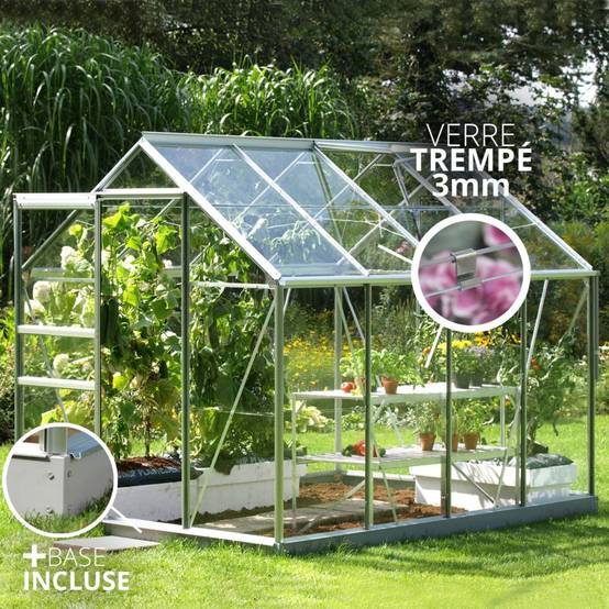 LAMS - Serre de jardin verre trempé aluminium brut 4,9 m² Allium avec embase - Lams - Image 3
