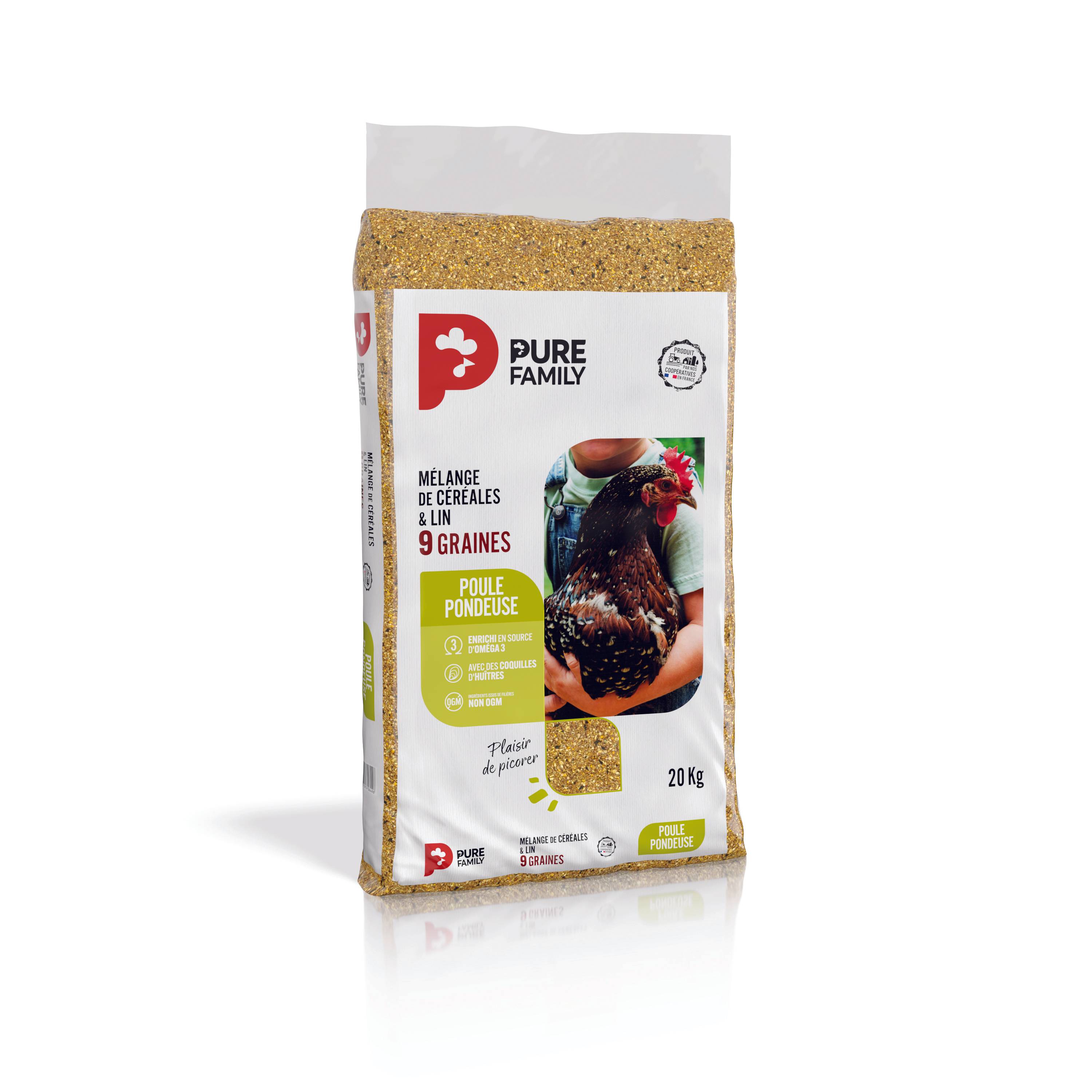 Pure Family - Mélange de céréales enrichi en graines de lin pour poules pondeuses 20 kg - PURE FAMILY