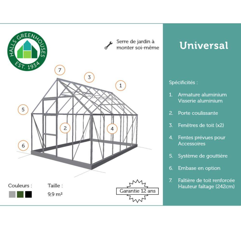 Serre en verre horticole Universal vert 9.90 M2 + embase - Halls - Image 2