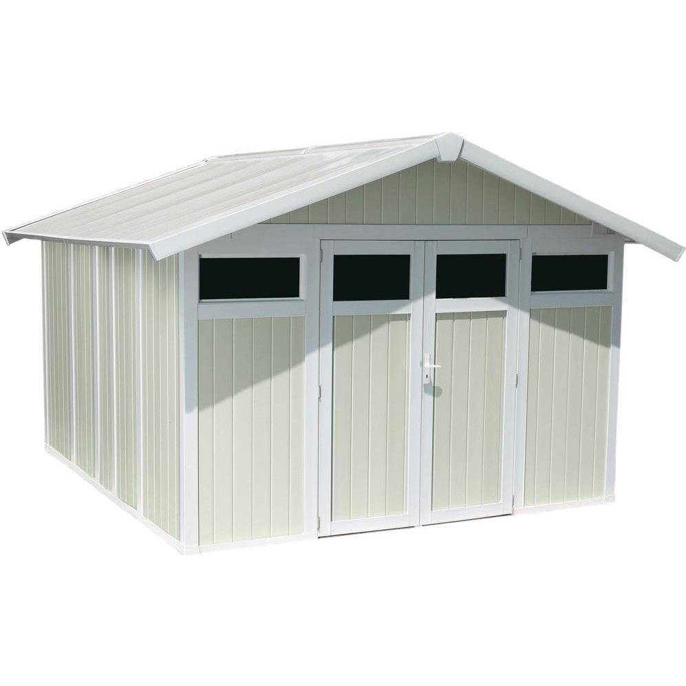 Grosfillex - Abri de Jardin PVC Gris/Vert 11,2 m² Ep.26mm avec Kit de Fixation Utility – GROSFILLEX