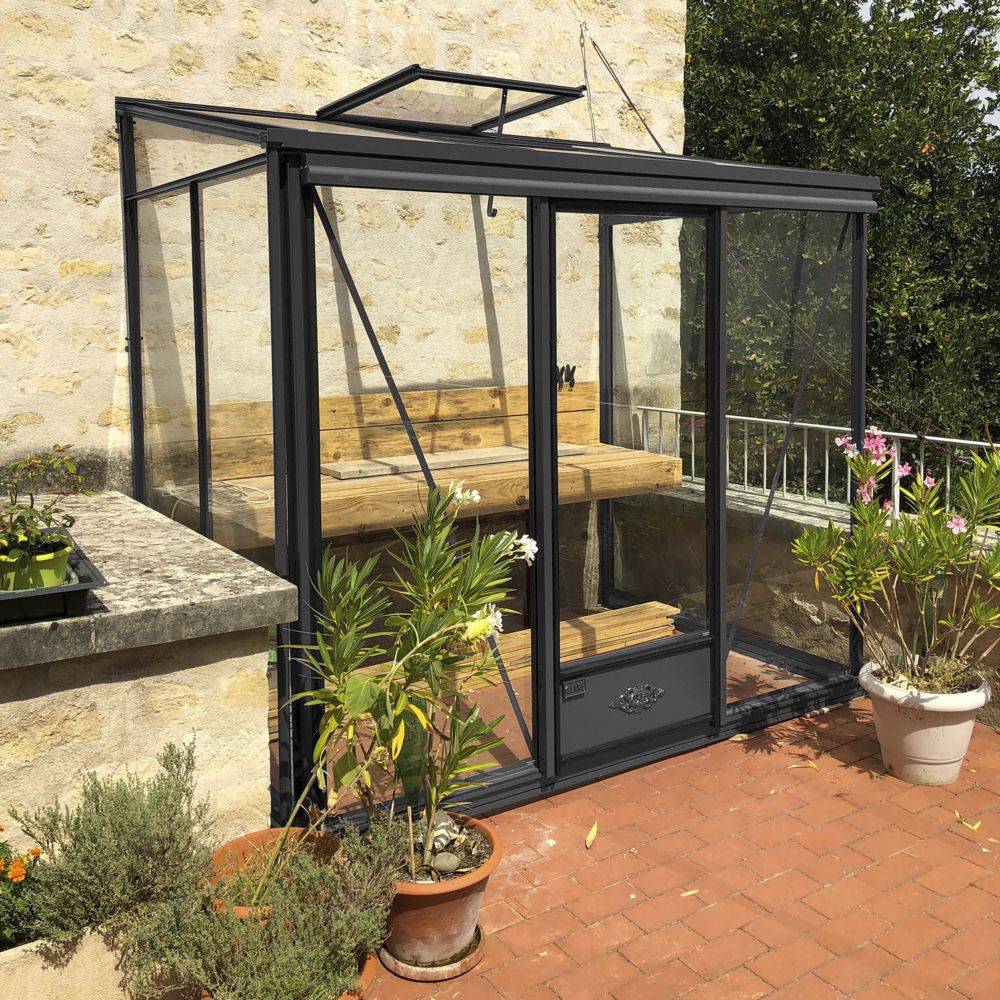 LAMS - Serre de jardin adossée verre trempé aluminium anthracite 3,7 m² Luxia avec embase - Lams - Image 1