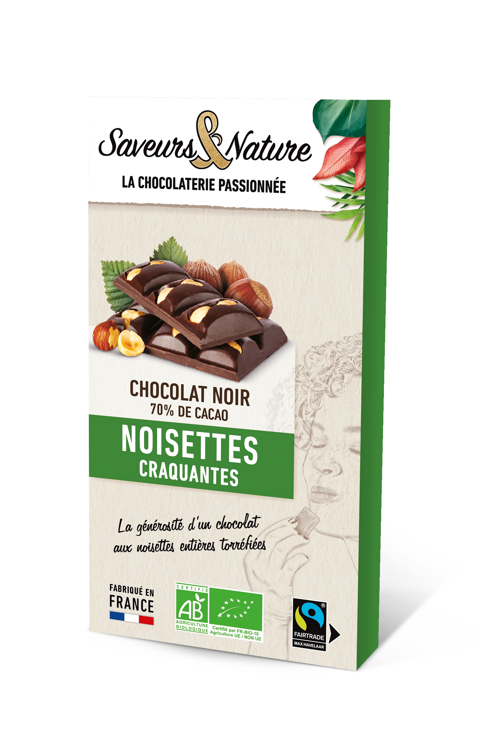 Saveurs et Nature - Tablette de chocolat noir 70% de cacao noisettes entières 100 g - Saveurs et Nature