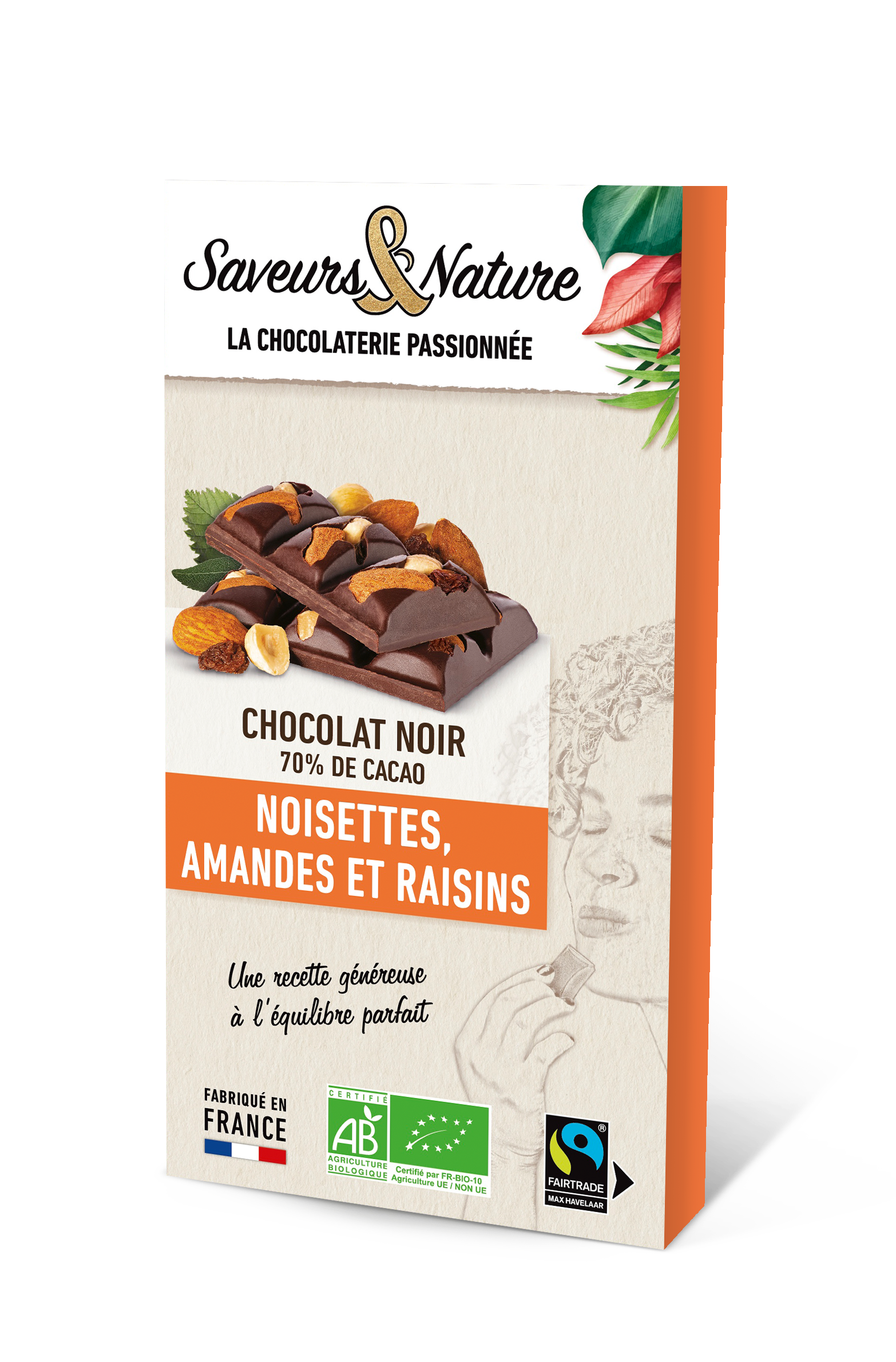 Saveurs et Nature - Tablette de chocolat noir 70% de cacao amandes, noisettes et raisins secs 100 g - Saveurs et Nature