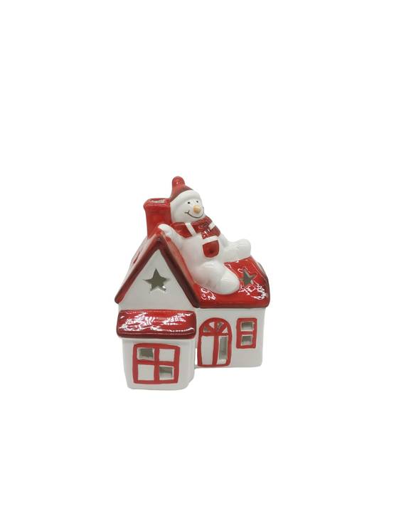 Ecloz - Photophore maison en céramique avec bonhomme de neige - rouge et blanc - ECLOZ