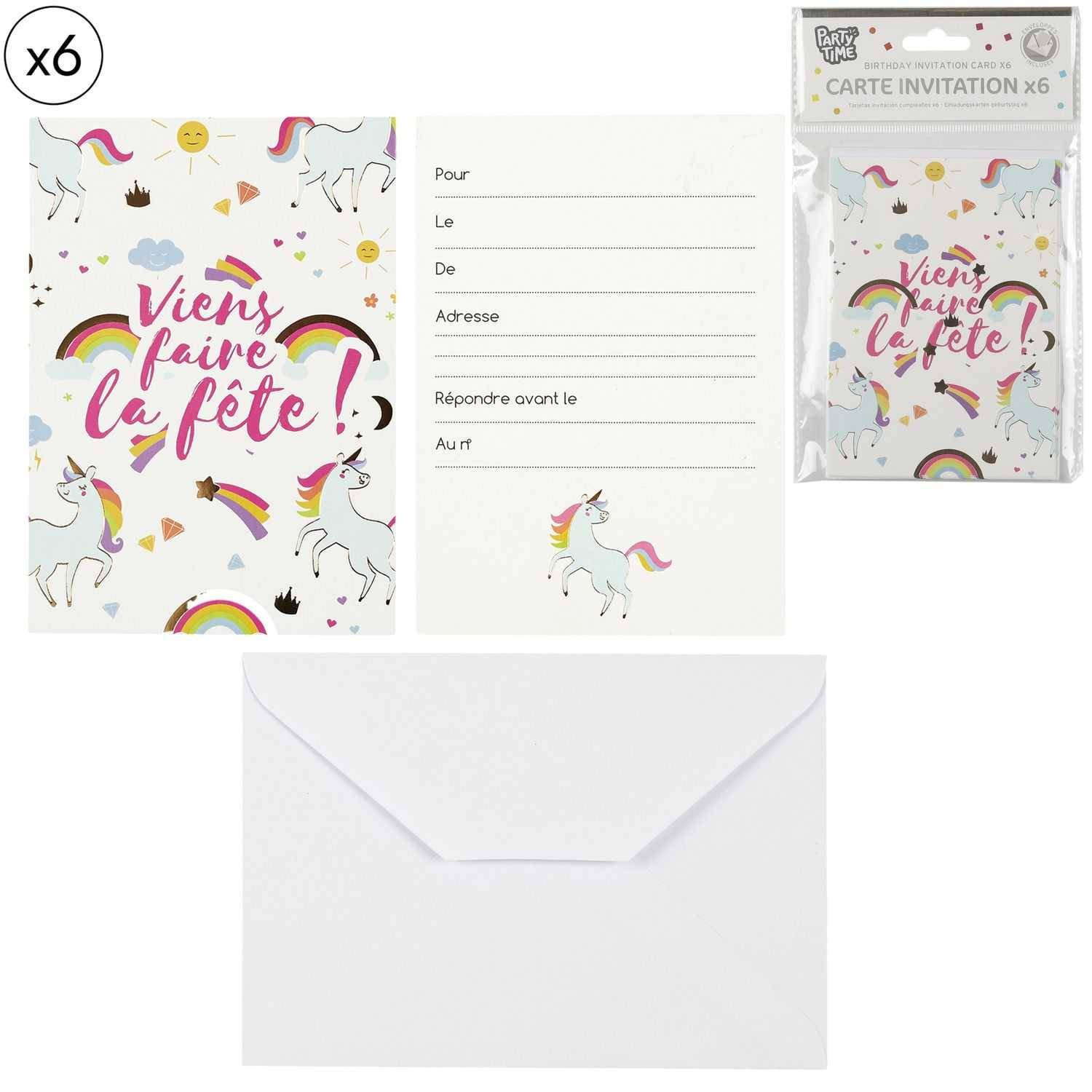 Lot de 6 cartes d'invitation licorne papier multicolore