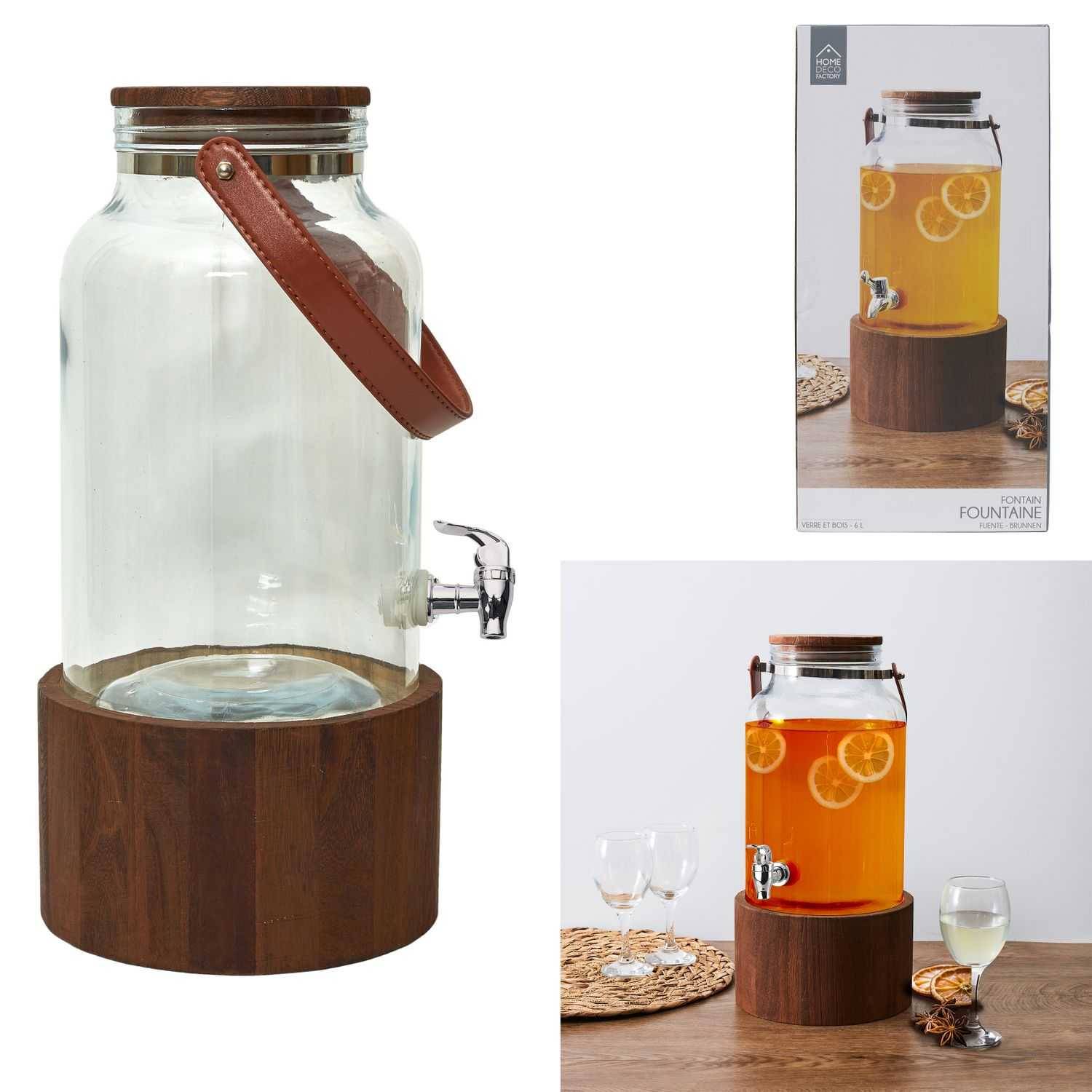 Fuente de bebidas de vidrio con soporte de paulownia Ø 20 cm, alto 41 cm, 6 L - THE HOME DECO FACTORY - Imagen 1