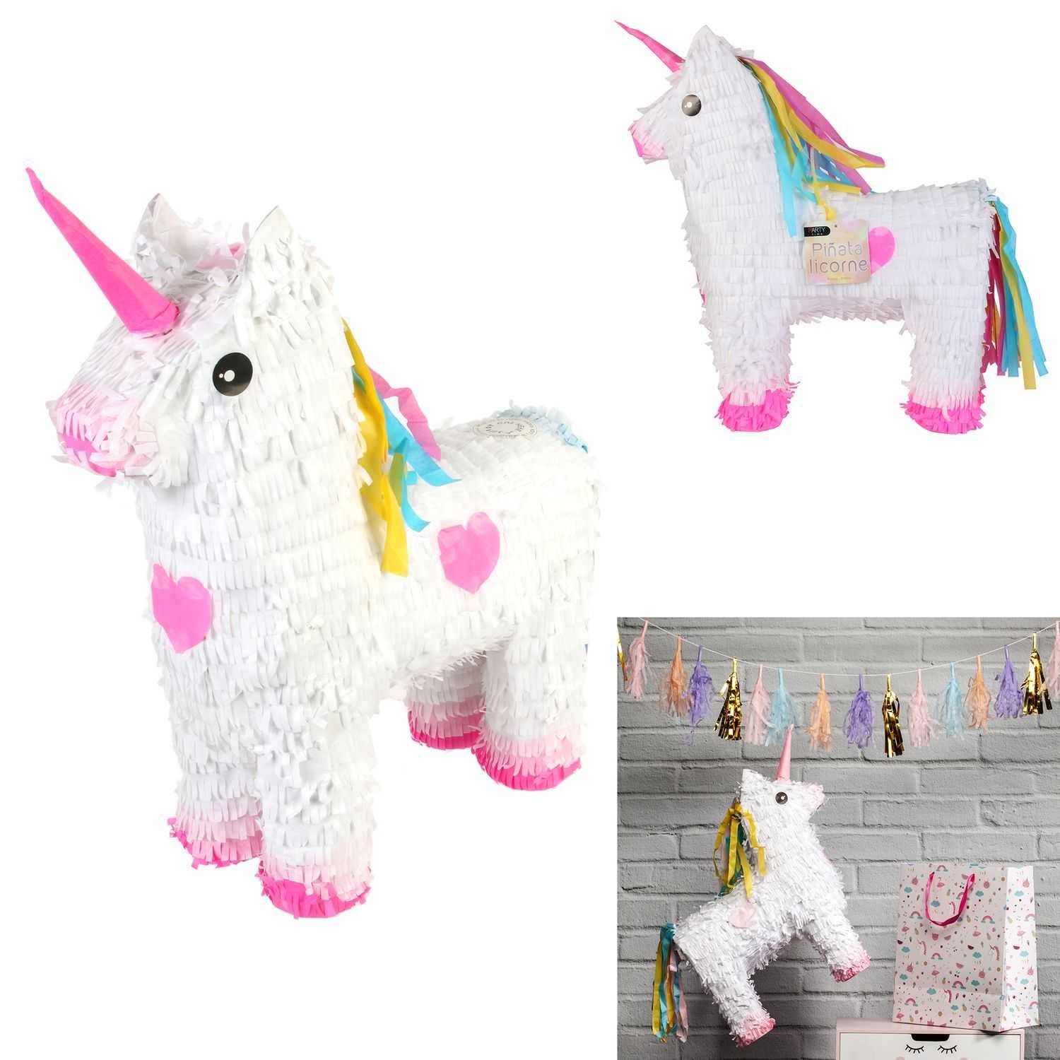 Pinata licorne carton blanc rose H 48 cm L 41 cm P 14 cm - PARTY