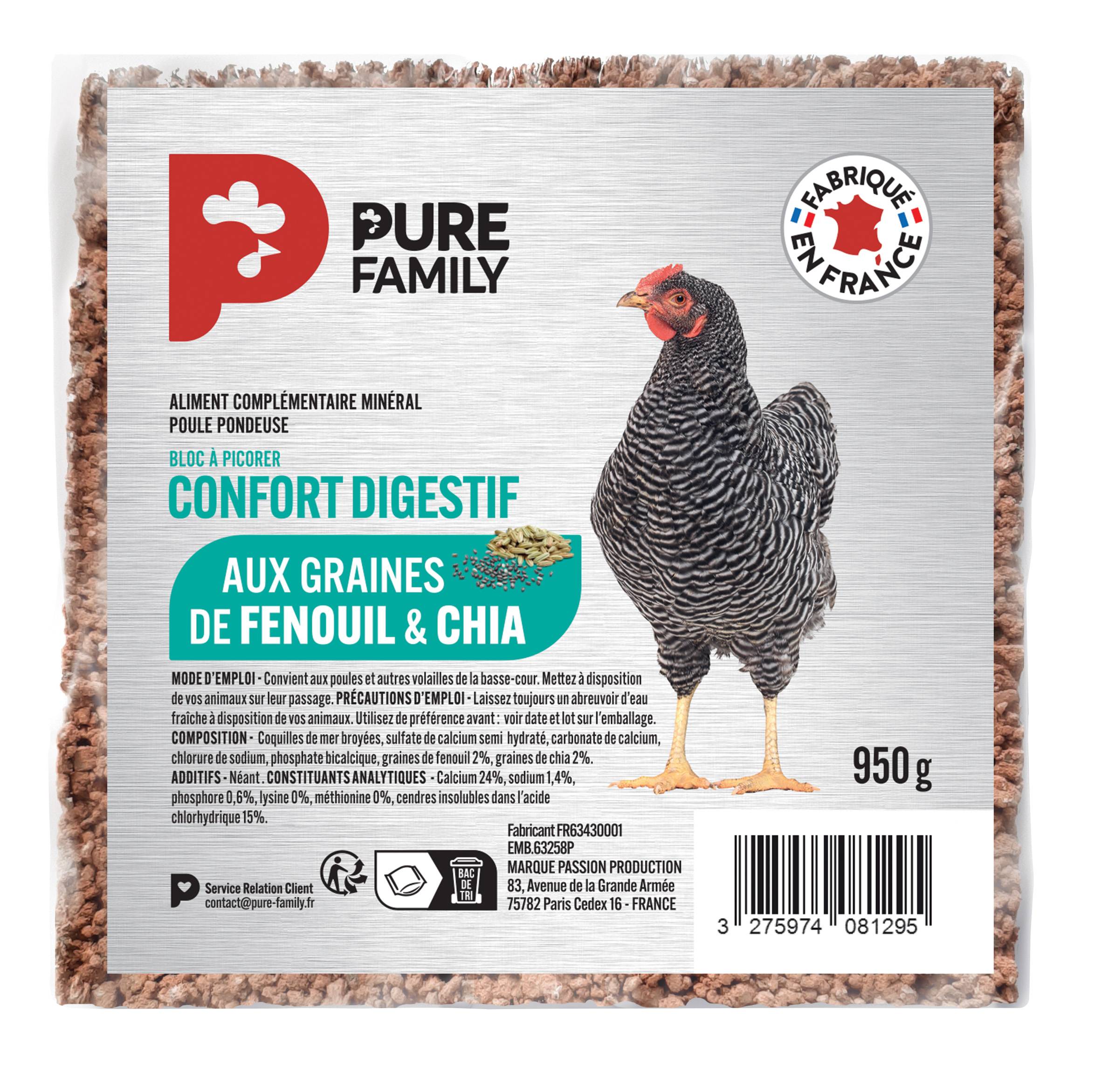 Pure Family - Complemento mineral Bloque confort digestivo para gallina 950 g - Pure Family