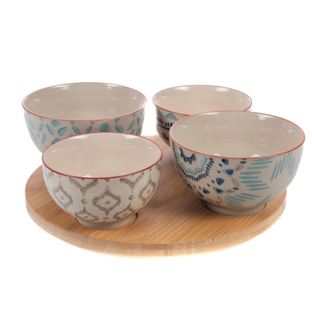 Plateau et 4 bols en grès décoré Ø30 cm H.8 cm - Amadeus - Image 1