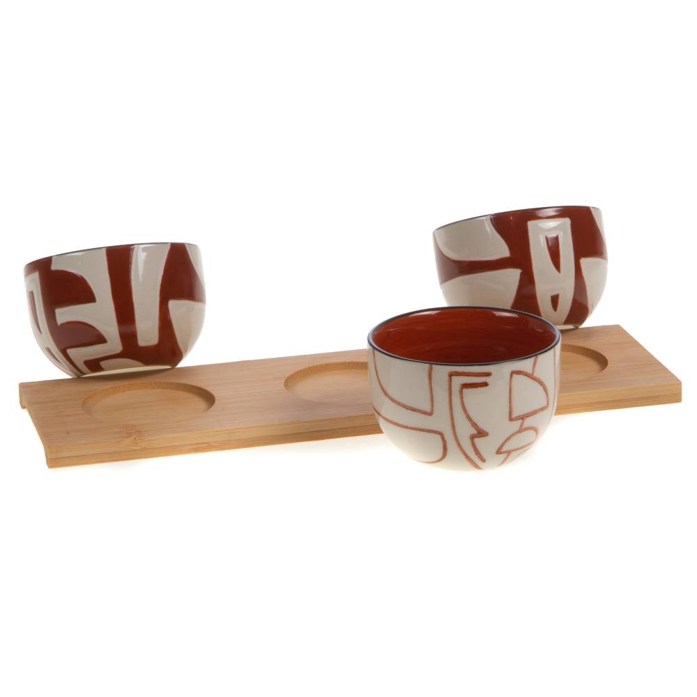 Plateau et 3 bols en grès marron L.9 cm l.28 cm H.6 cm - Amadeus - Image 1