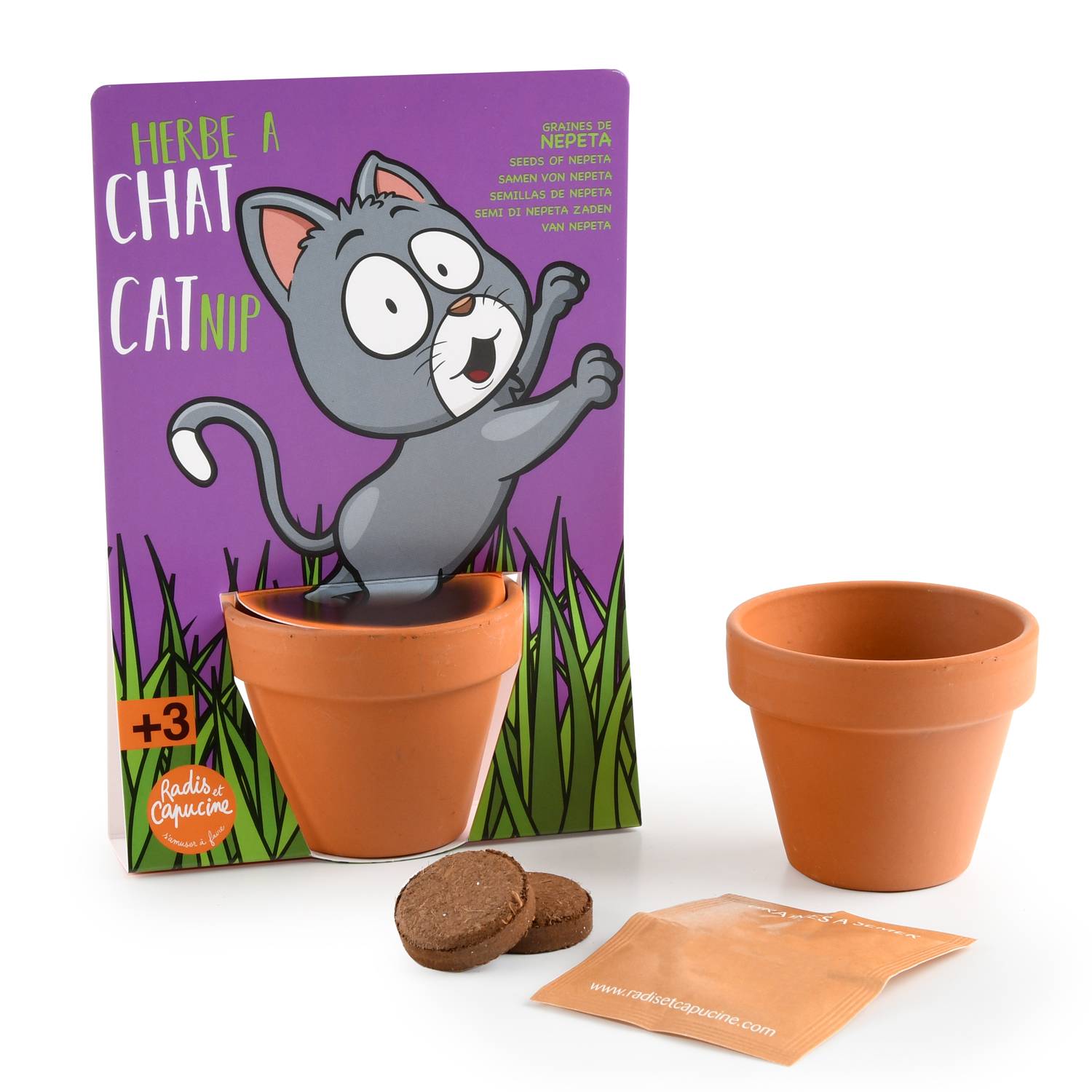 Radis et Capucine - Kit de jardinage herbe à chat carte avec pot - Radis et capucine