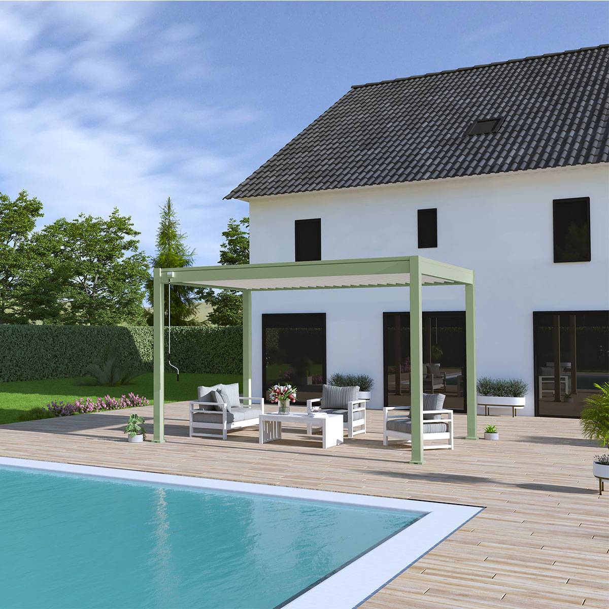 Pergola bioclimatique autoportante 3x4m Ombrea vert jade / blanc - Image 2
