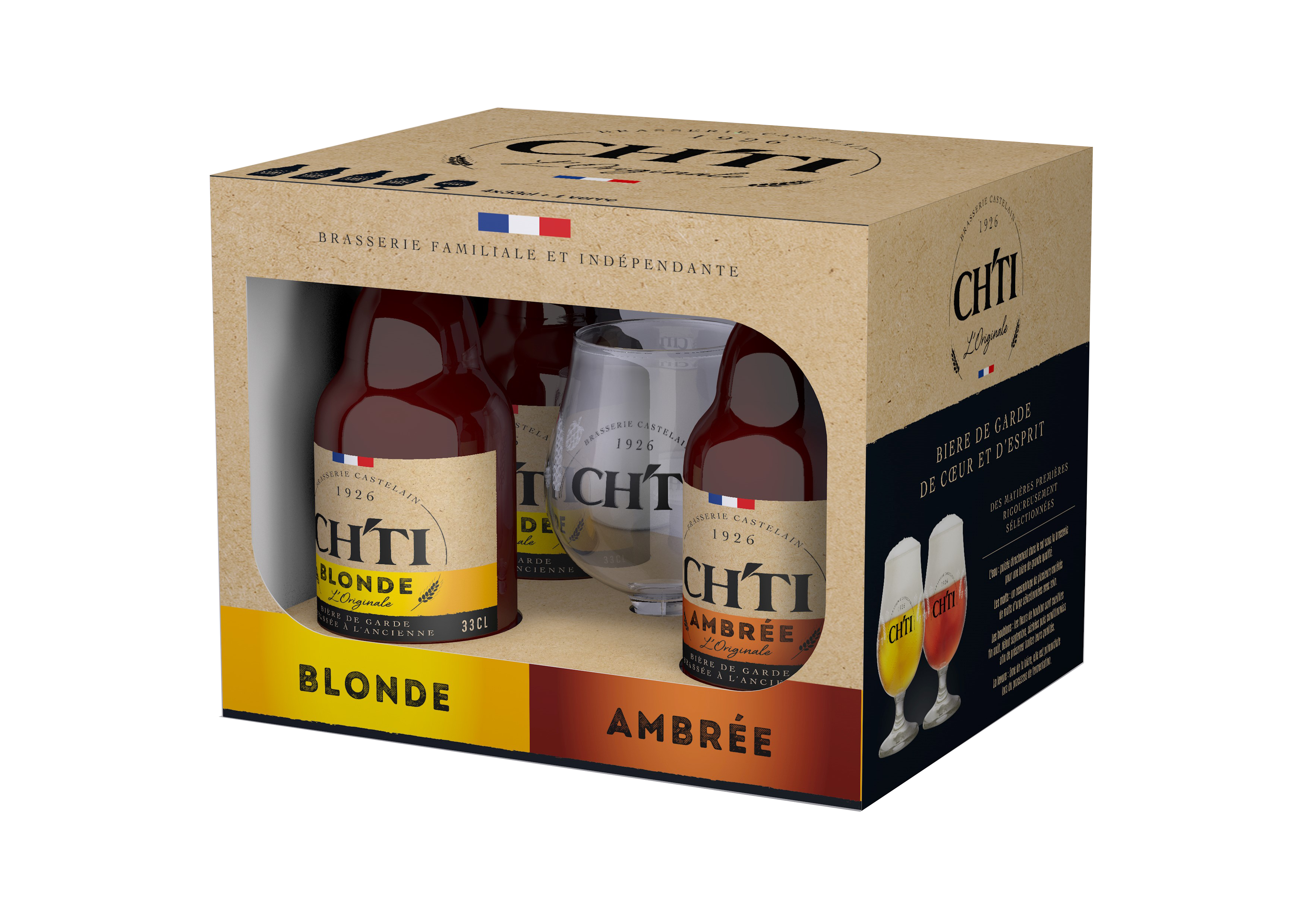 Chti - Caja de cervezas 4 x 33 cl + 1 vaso "Ch'ti" - Cervecería Castelain - Imagen 1