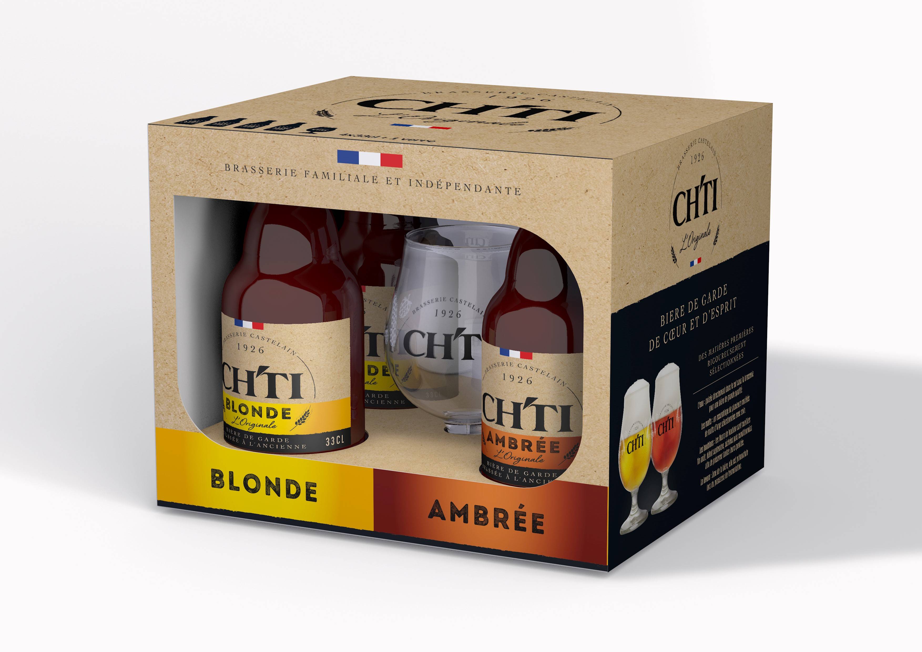 Chti - Caja de cervezas 4 x 33 cl + 1 vaso "Ch'ti" - Cervecería Castelain - Imagen 2