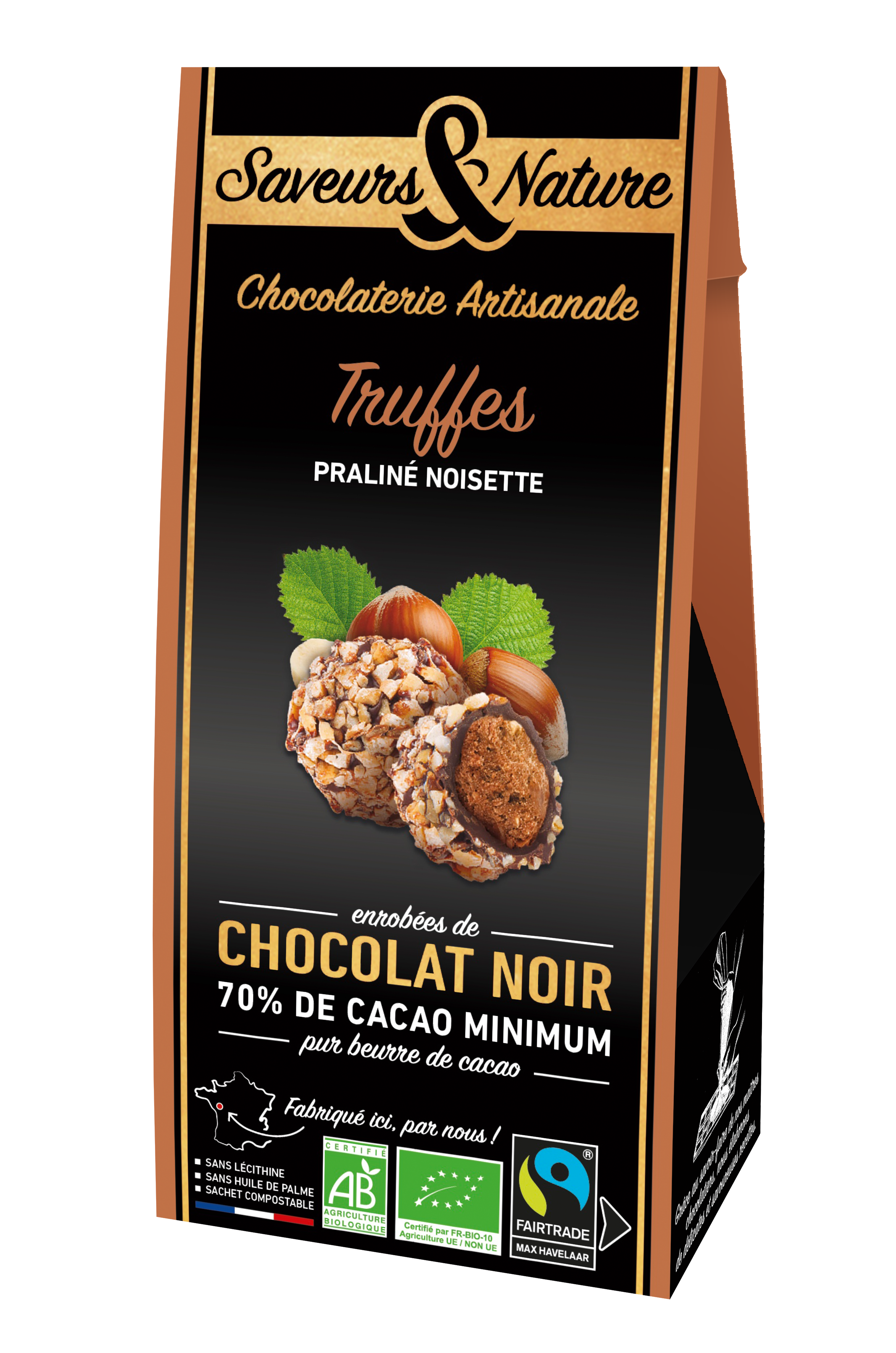 Saveurs et Nature - Truffes praliné noisette enrobées de chocolat noir 100 g - Saveurs et Nature