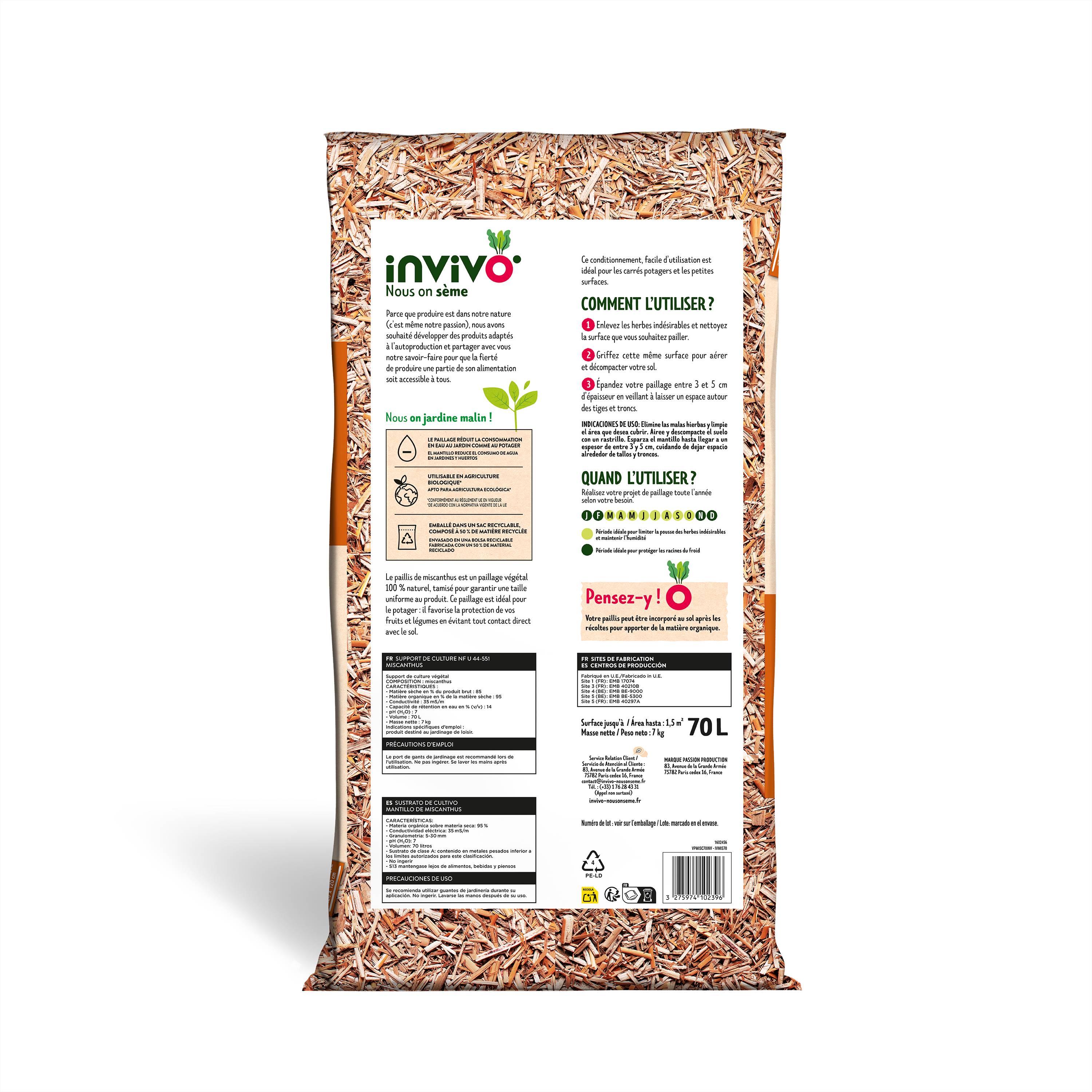 Invivo Nous On Sème - Paillis de miscanthus 70L - Calibre 5/30 mm - INVIVO Nous on sème - Imagen 3