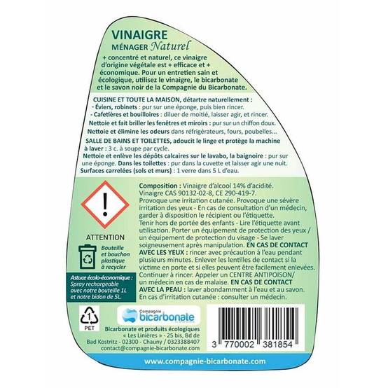 Sans Marque - Vinaigre blanc français 750 ml concentré à 14 ° - La compagnie du bicarbonate - Imagen 2