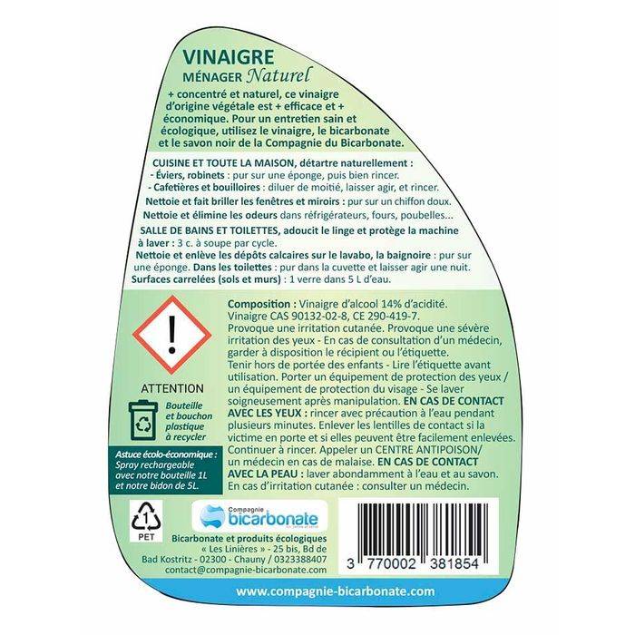 Sans Marque - Vinaigre blanc français 750 ml concentré à 14 ° - La compagnie du bicarbonate - Imagen 2