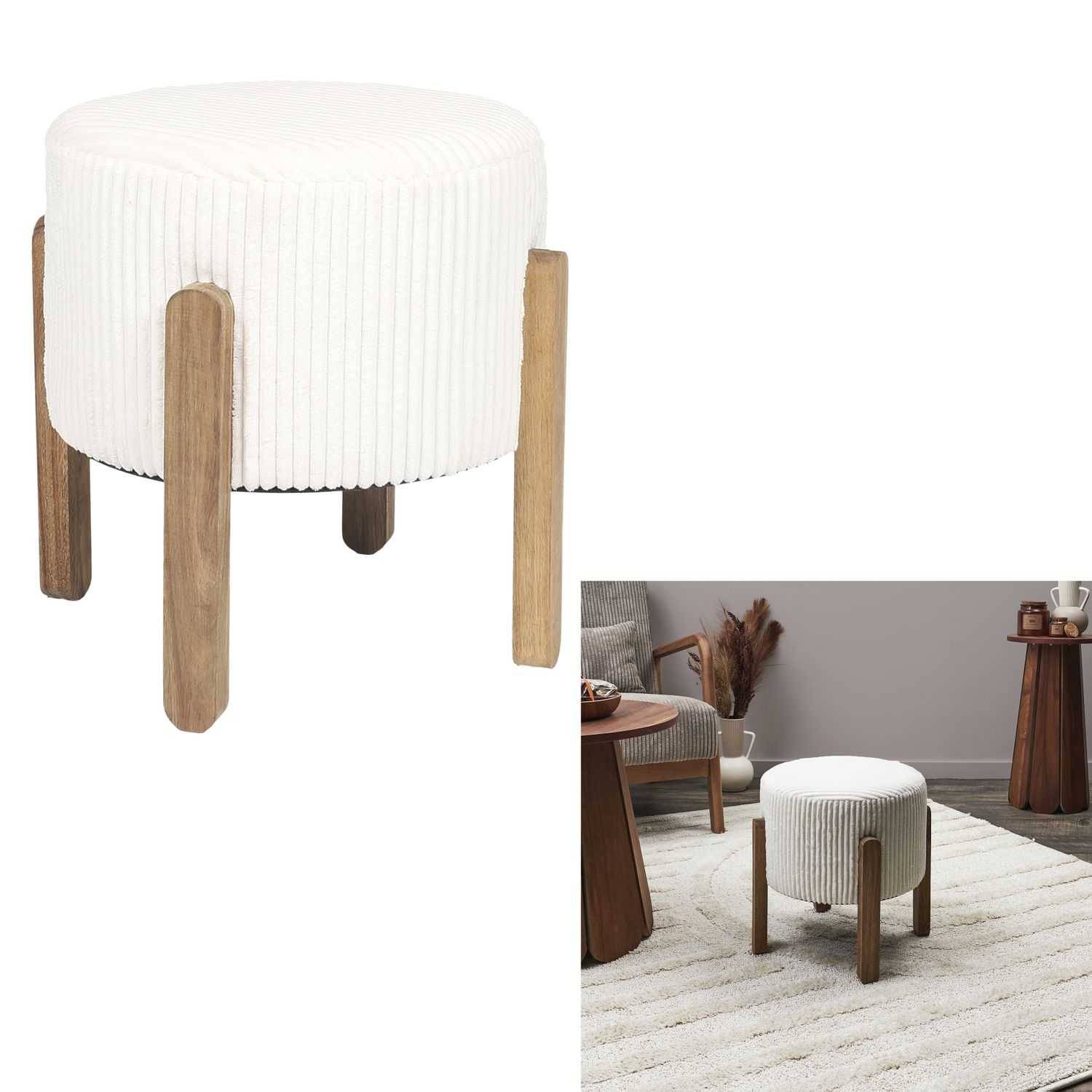 Tabouret côtelé Scott en velours beige Ø35.5 cm H.35 cm - Home deco factory - Image 1