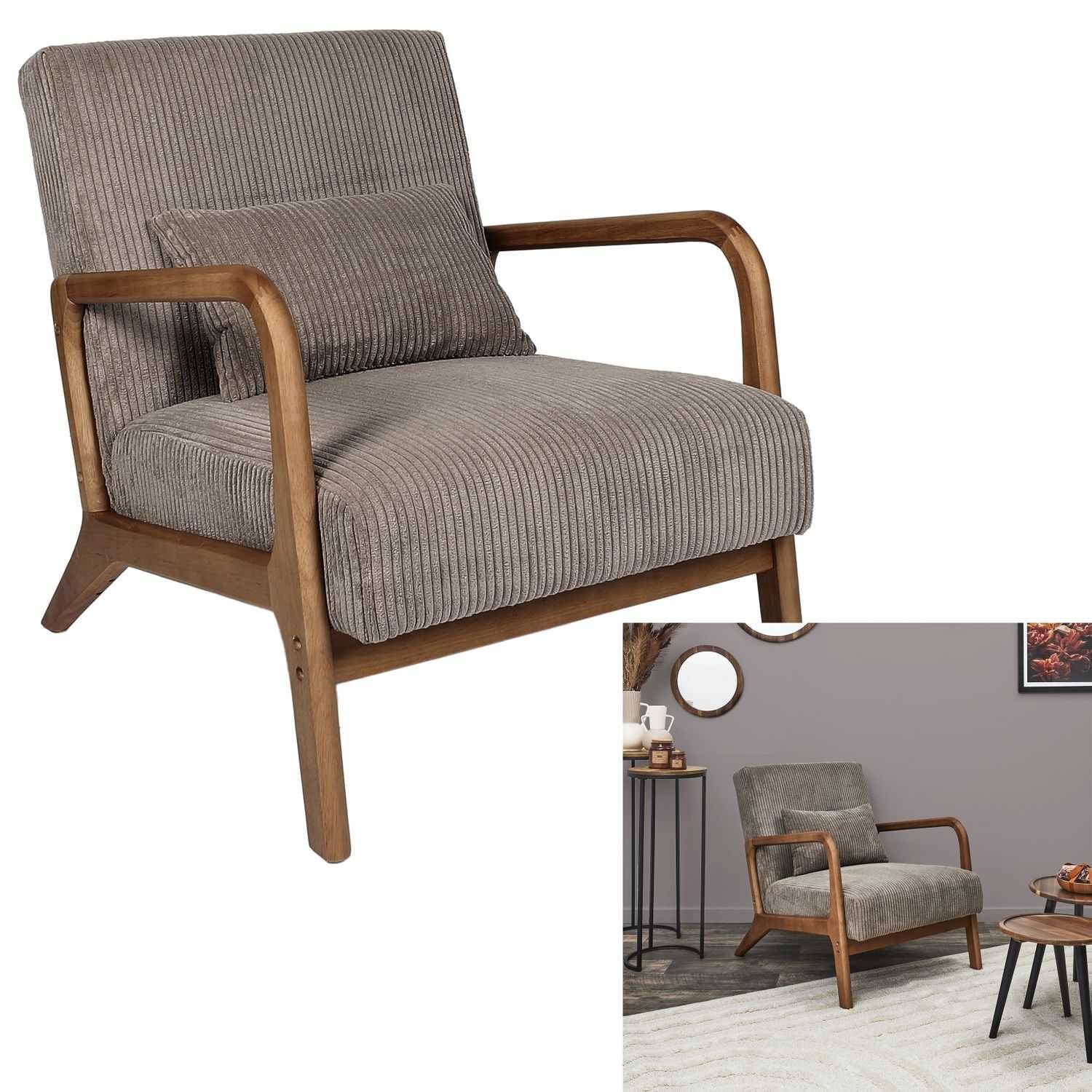 Fauteuil détente en velours côtelé taupe L.64.5 cm p.83.5 cm H.75 cm - Home deco factory - Image 1