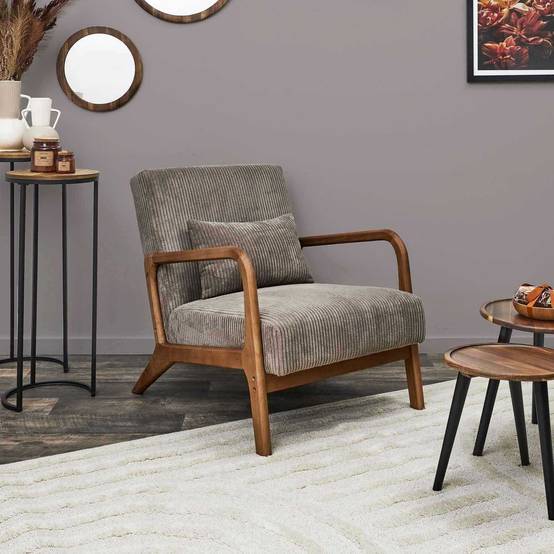 Fauteuil détente en velours côtelé taupe L.64.5 cm p.83.5 cm H.75 cm - Home deco factory - Image 2