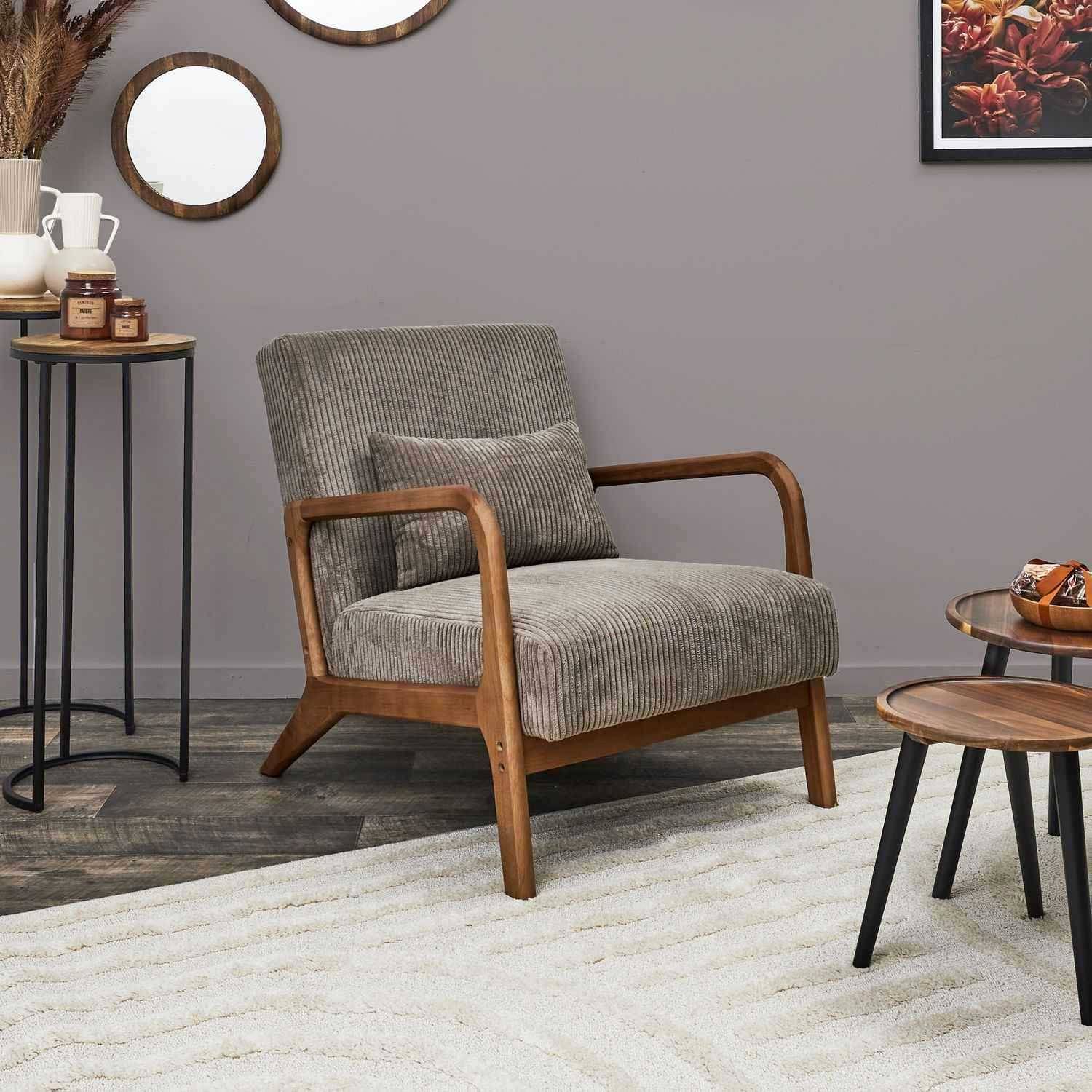 Fauteuil détente en velours côtelé taupe L.64.5 cm p.83.5 cm H.75 cm - Home deco factory - Image 2